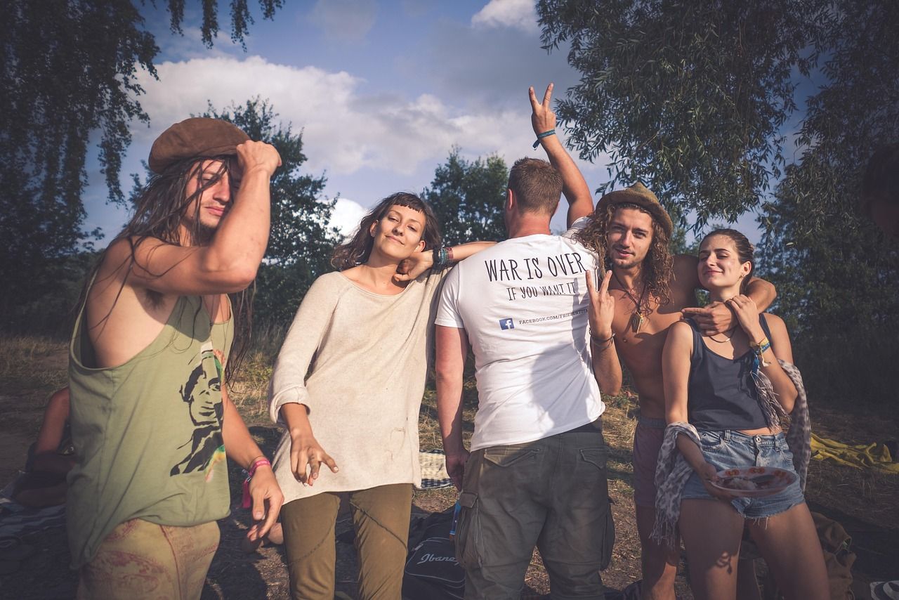 Colourful hippie-era festival scene evoking the late 1960s counterculture