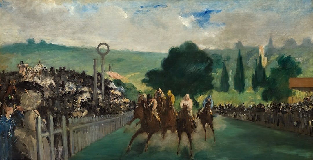 Painting of horse racing at Longchamp by Édouard Manet