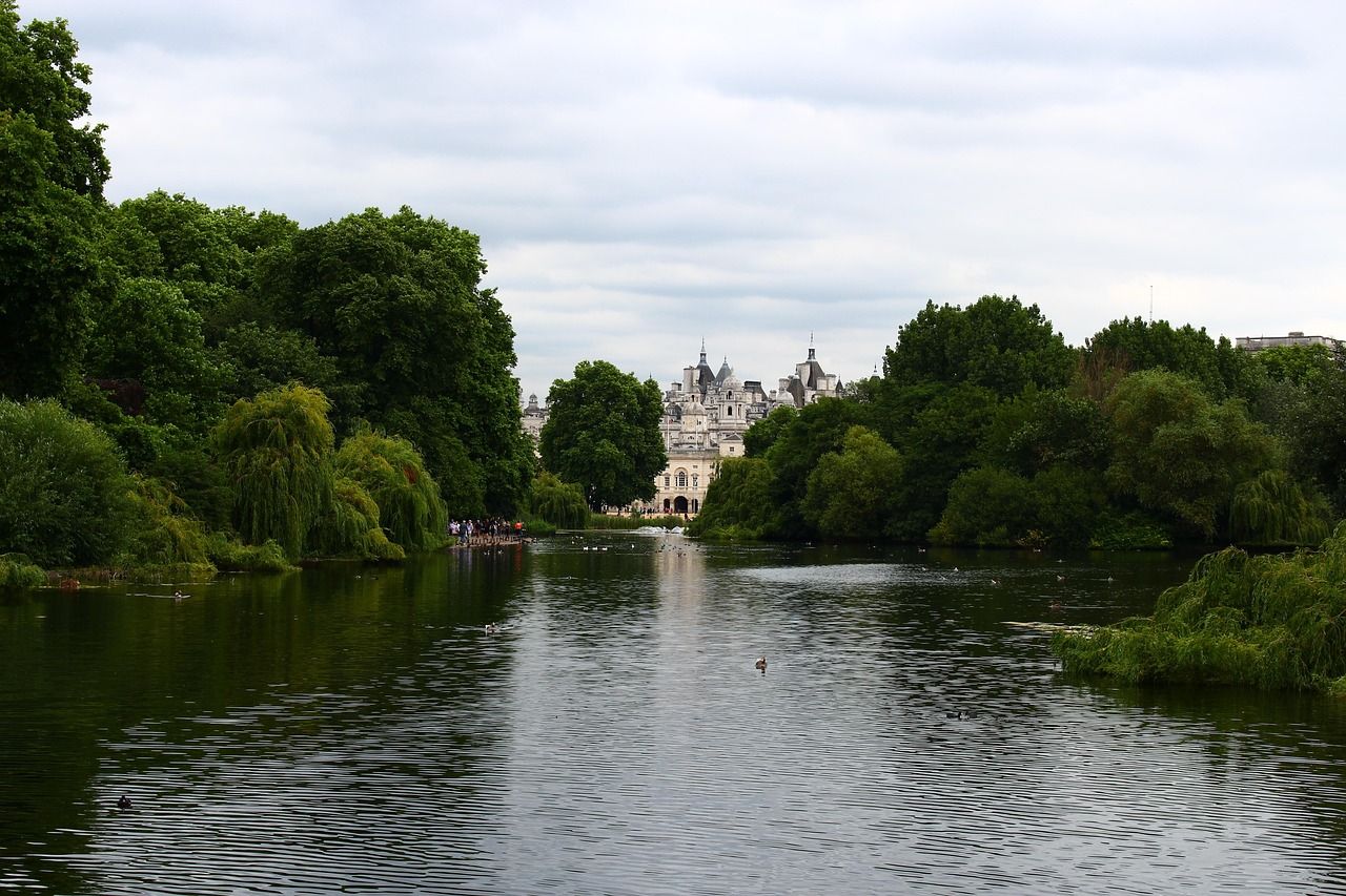 Hyde Park London with its lake and tree-lined paths