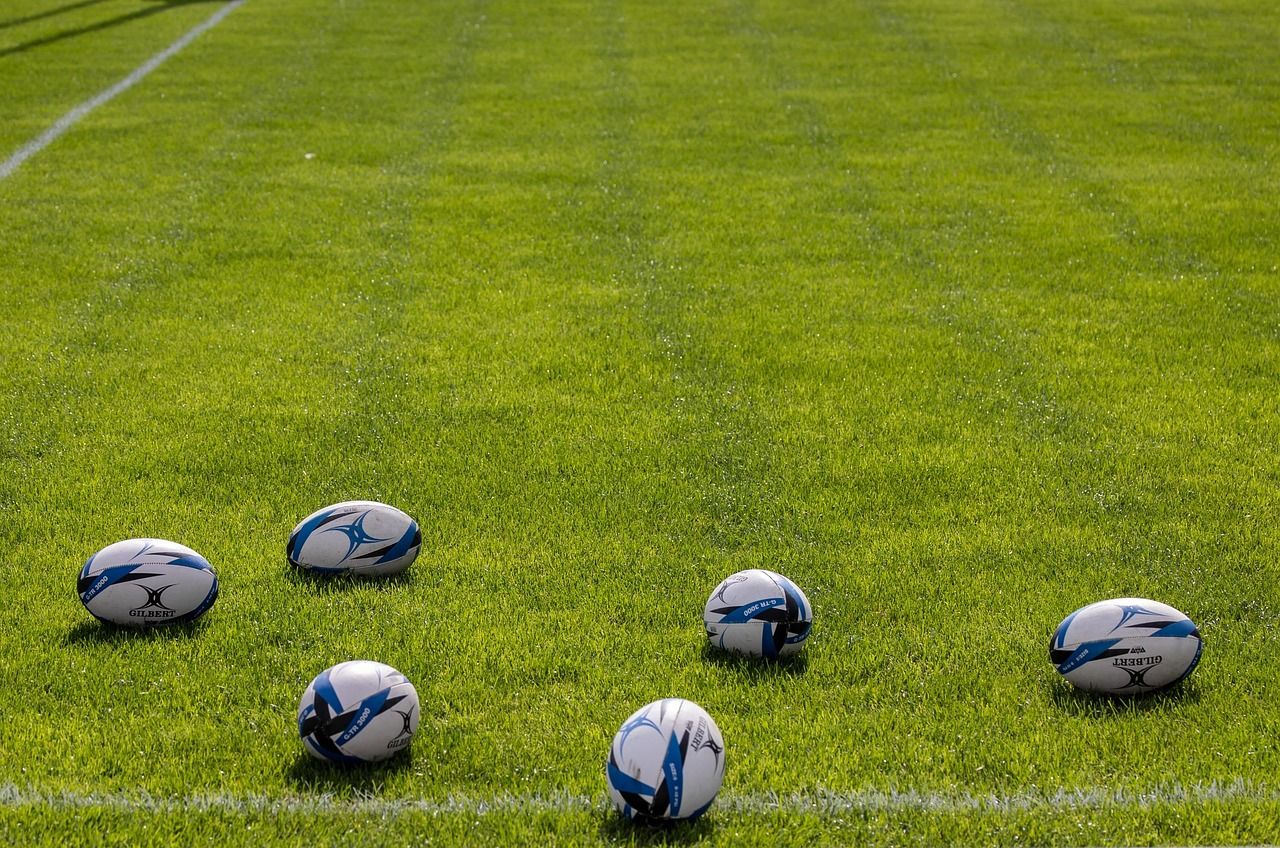 Rugby balls on a grass pitch