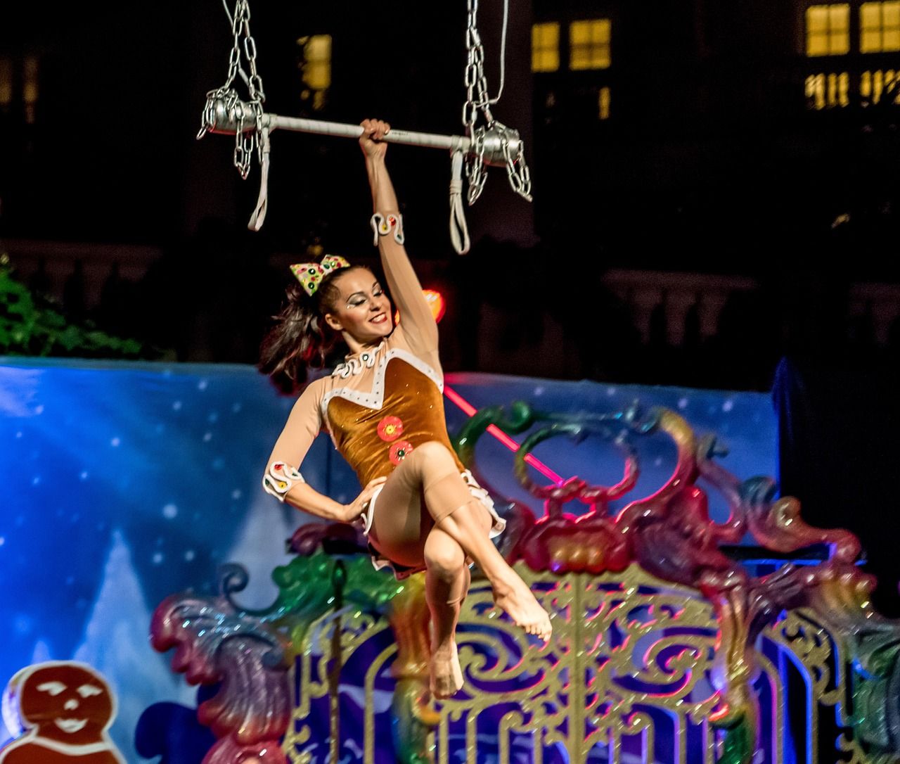 Cirque du Soleil trapeze artist performing aerial acrobatics