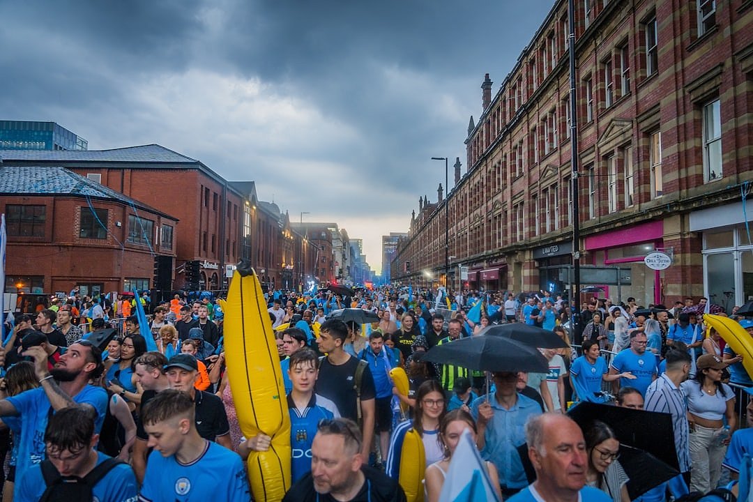 Manchester City trophy parade through the streets of Manchester in 2023