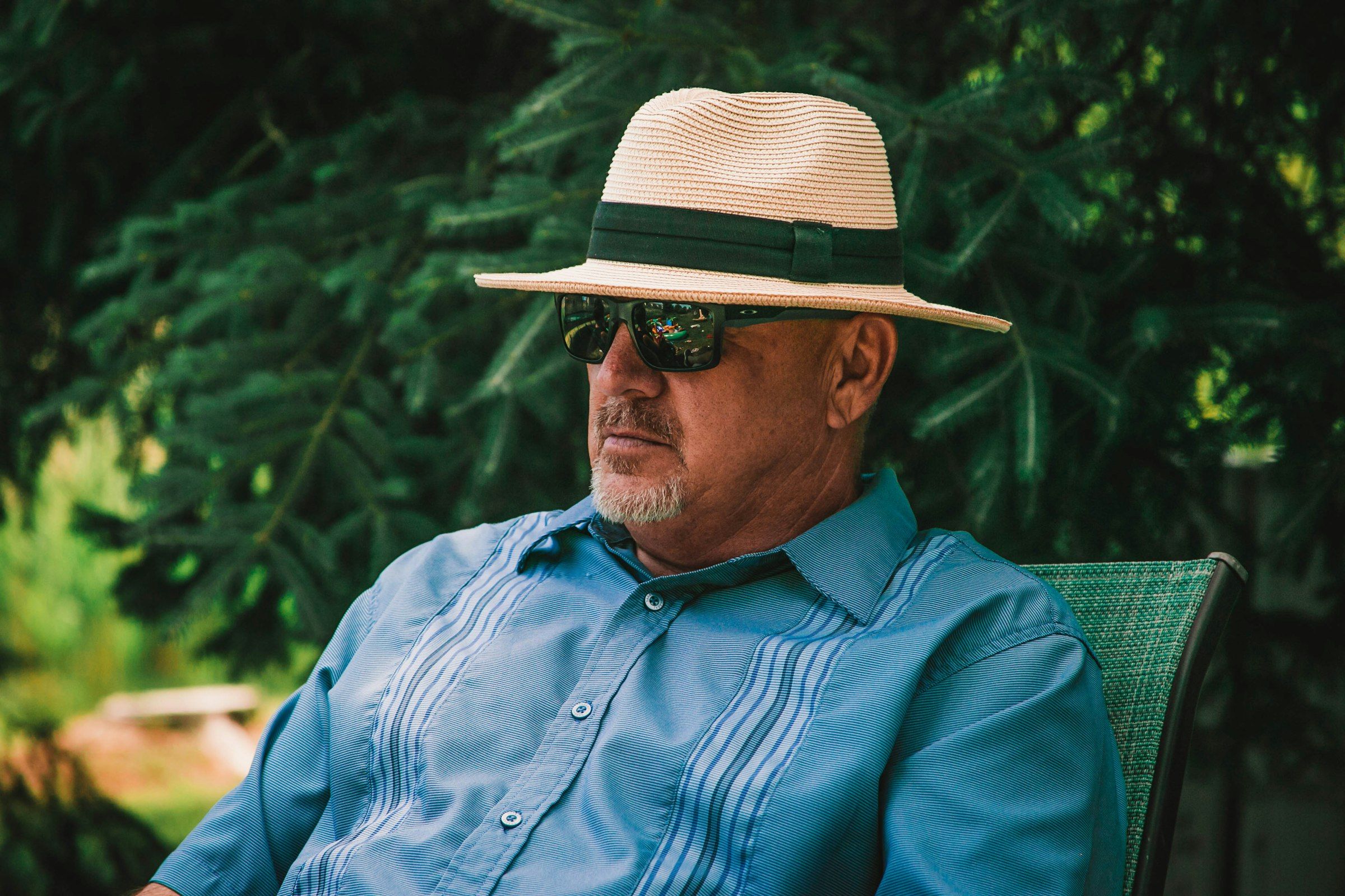 Glorious Goodwood scenes (man in blue dress shirt wearing brown fedora hat)