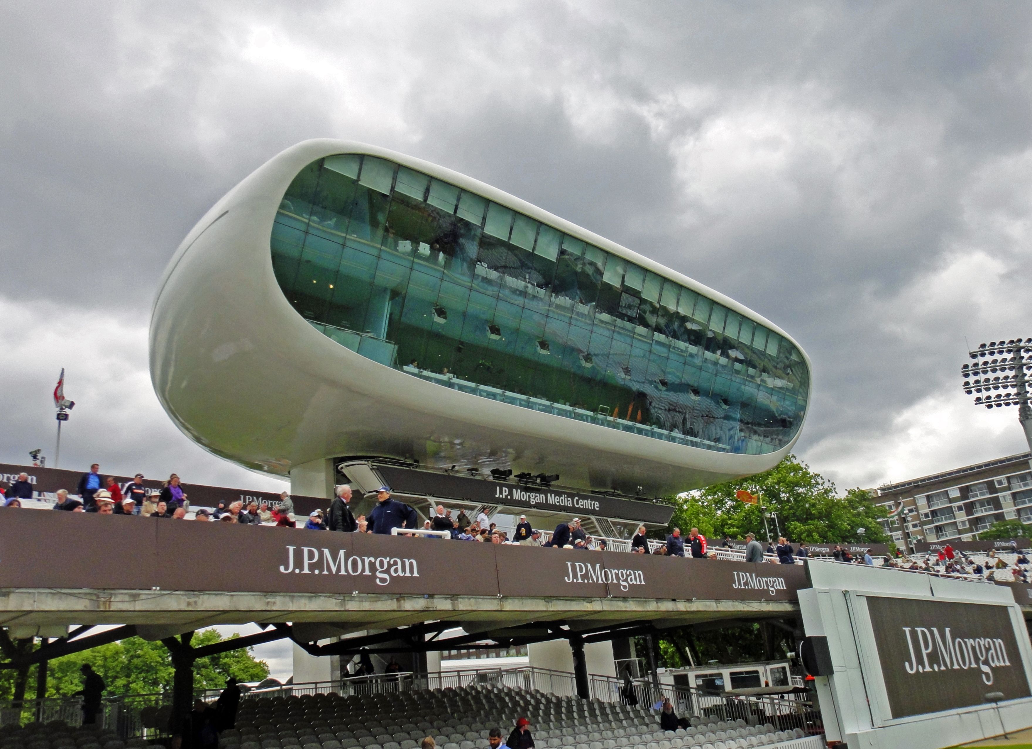 The J.P. Morgan Media Centre above the stands at Lord's on a match day