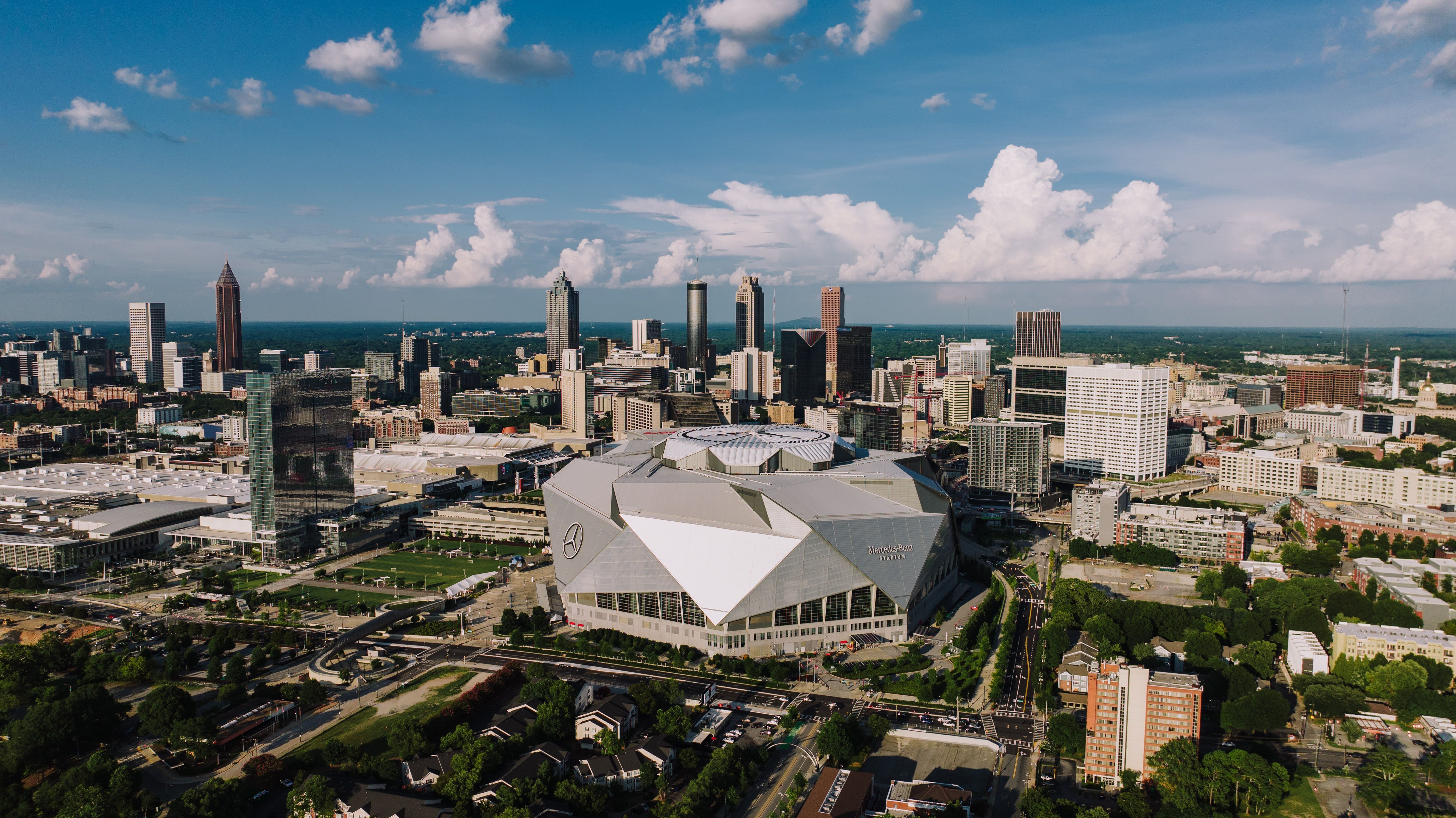 Mercedes-Benz Stadium and the downtown Atlanta skyline from the air