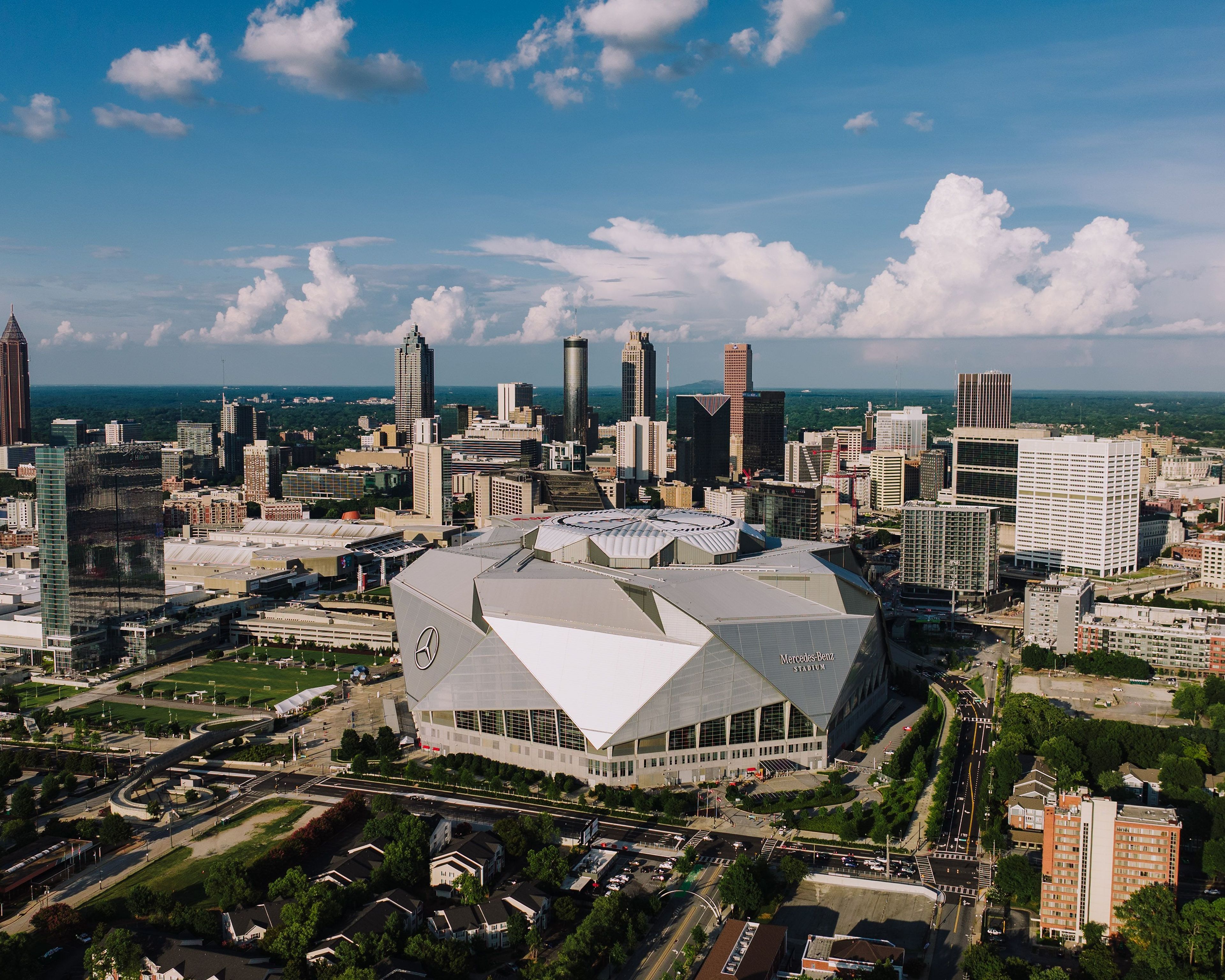 Mercedes-Benz Stadium and the downtown Atlanta skyline from the air