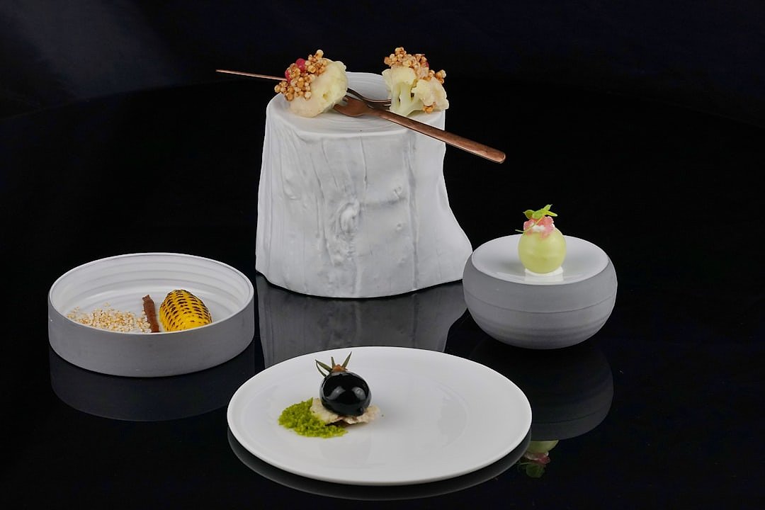 An intricately plated molecular gastronomy dish