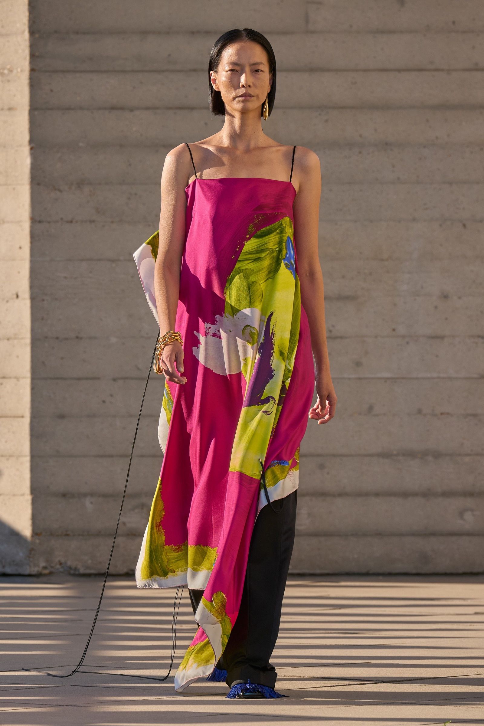 A magenta and lime printed slip dress from Roksanda's September 2026 show