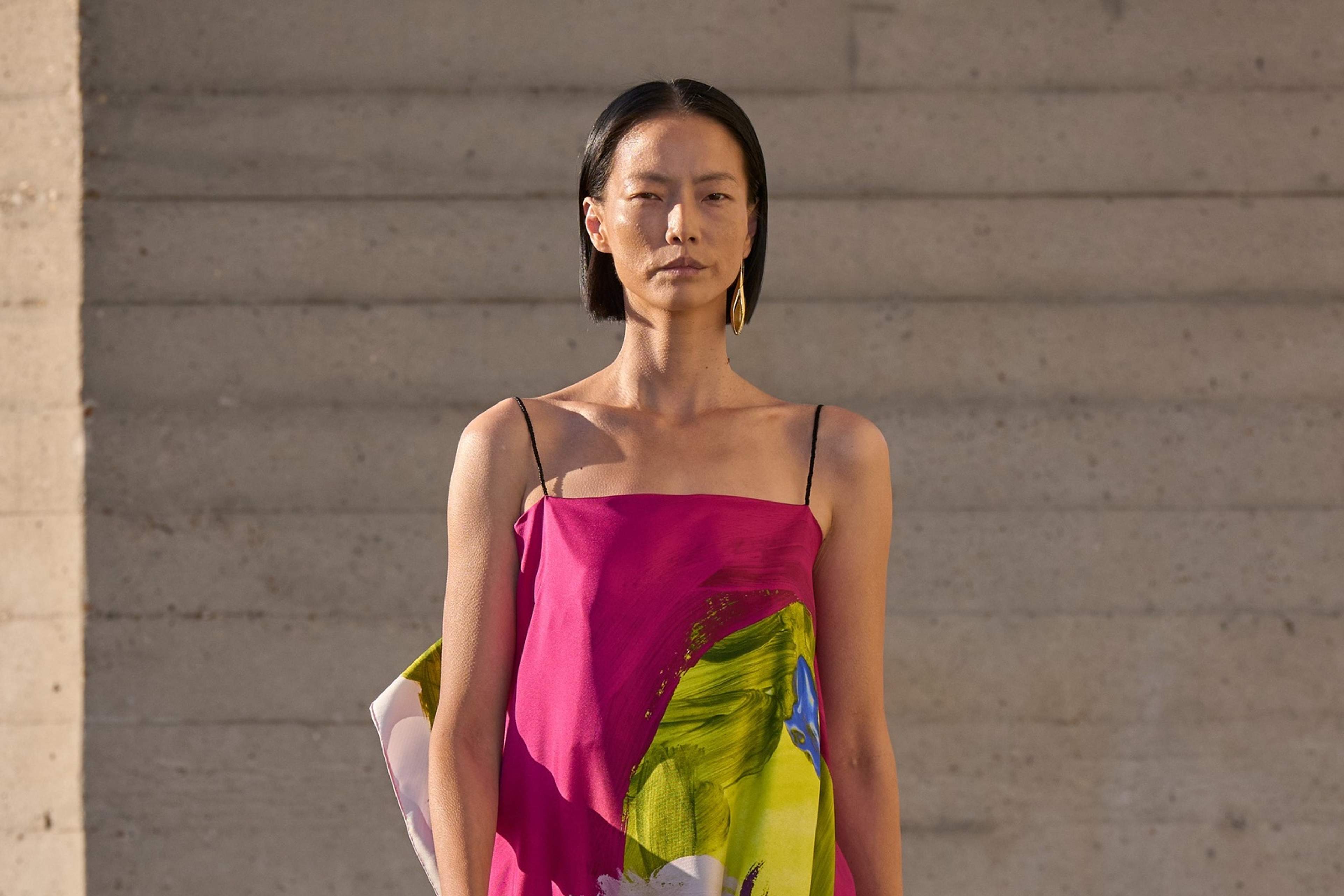 A magenta and lime printed slip dress from Roksanda's September 2026 show