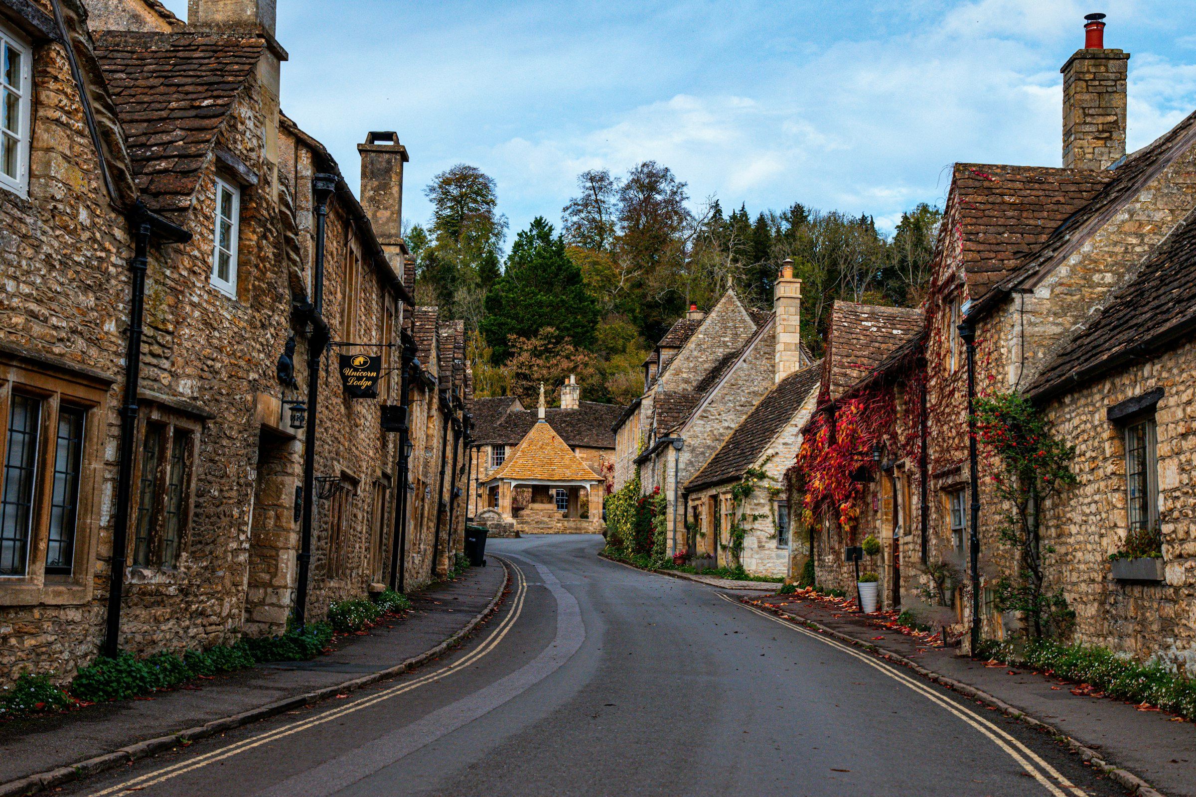 Cheltenham and the Cotswolds (a street lined with stone buildings next to a forest)