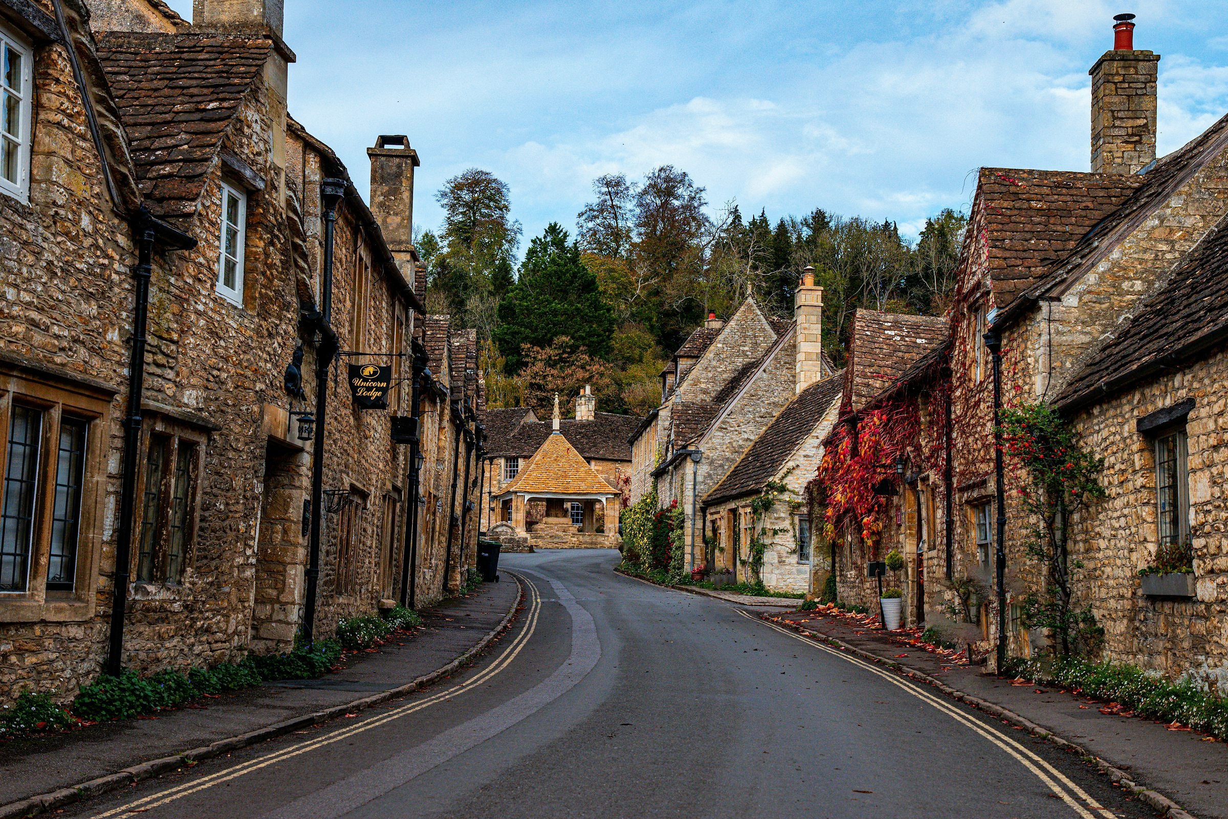 Cheltenham and the Cotswolds (a street lined with stone buildings next to a forest)