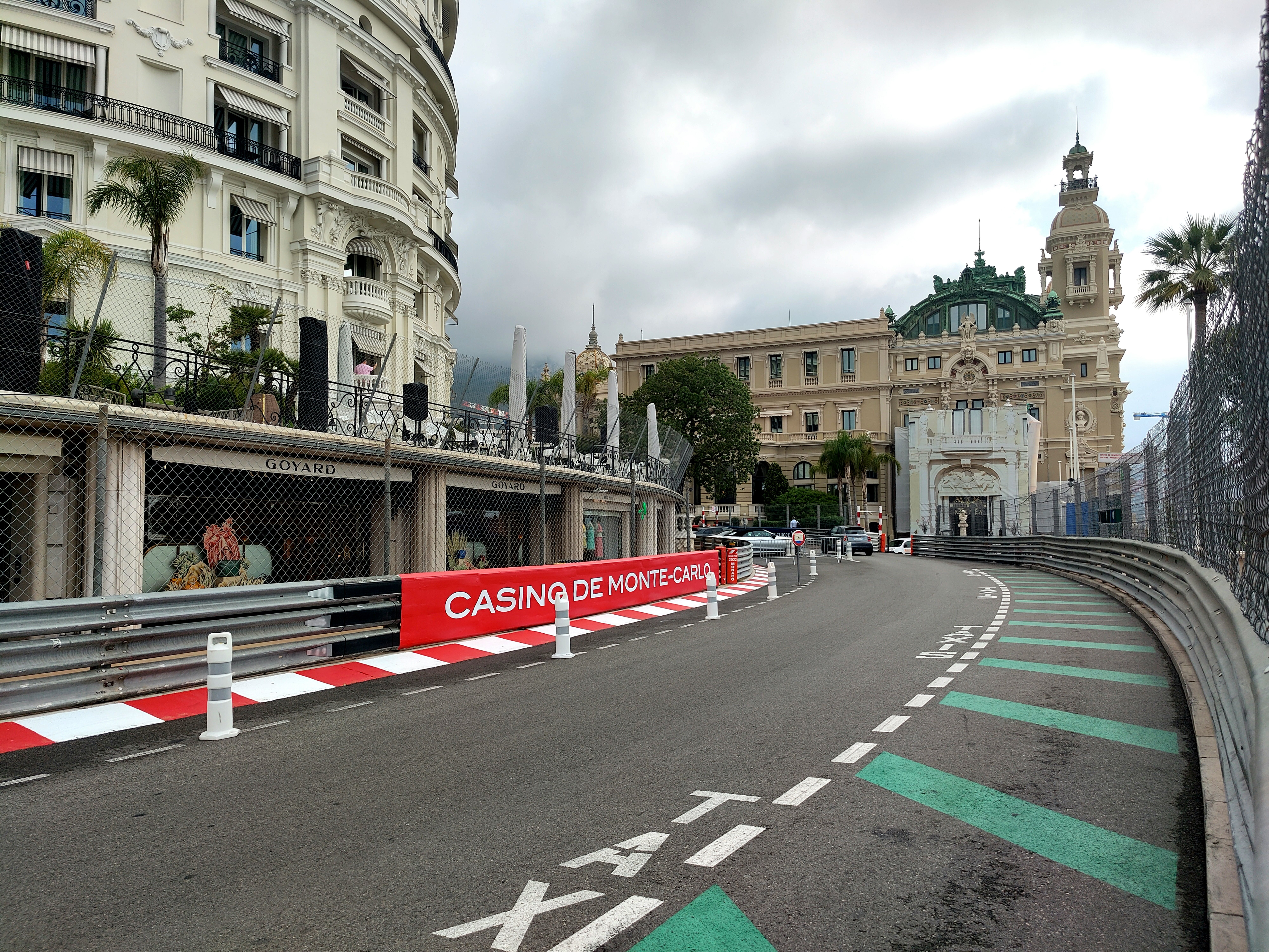 The Massenet corner on the Circuit de Monaco, curving left towards the Casino de Monte-Carlo, with the barriers in place