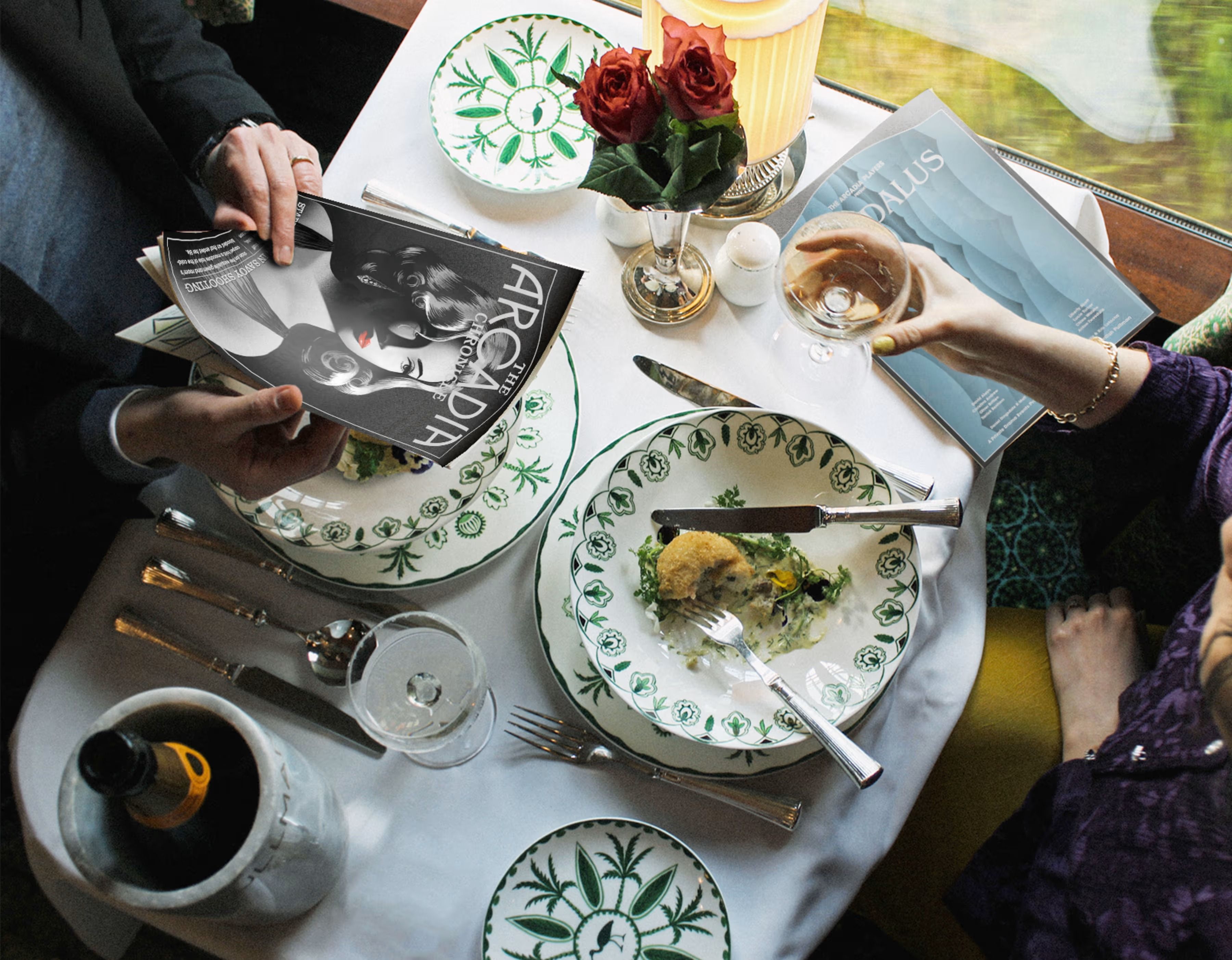 Belmond British Pullman dining experience with guests enjoying a meal on board