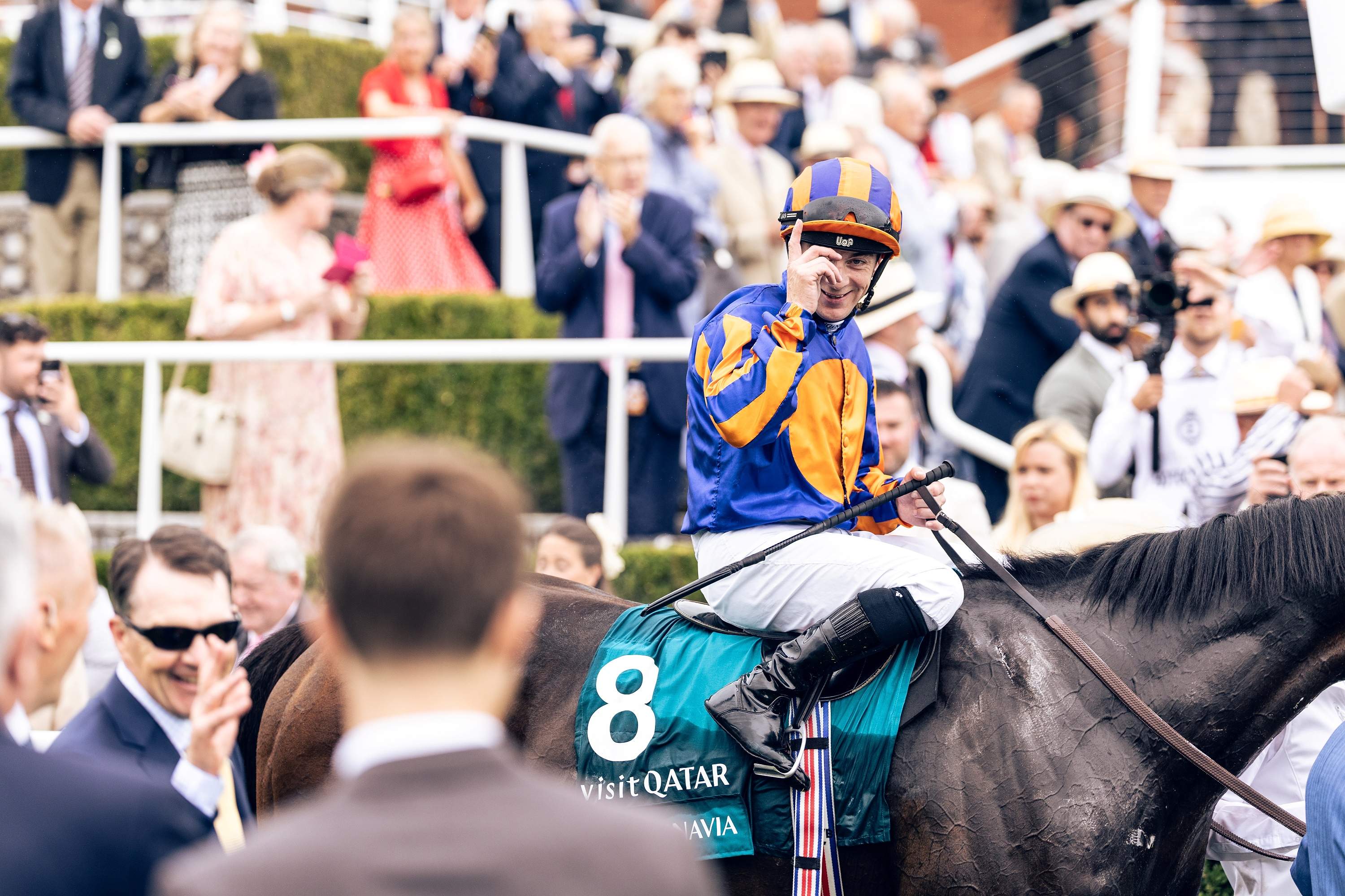 Horse and jockey approaching the finish line at a racecourse