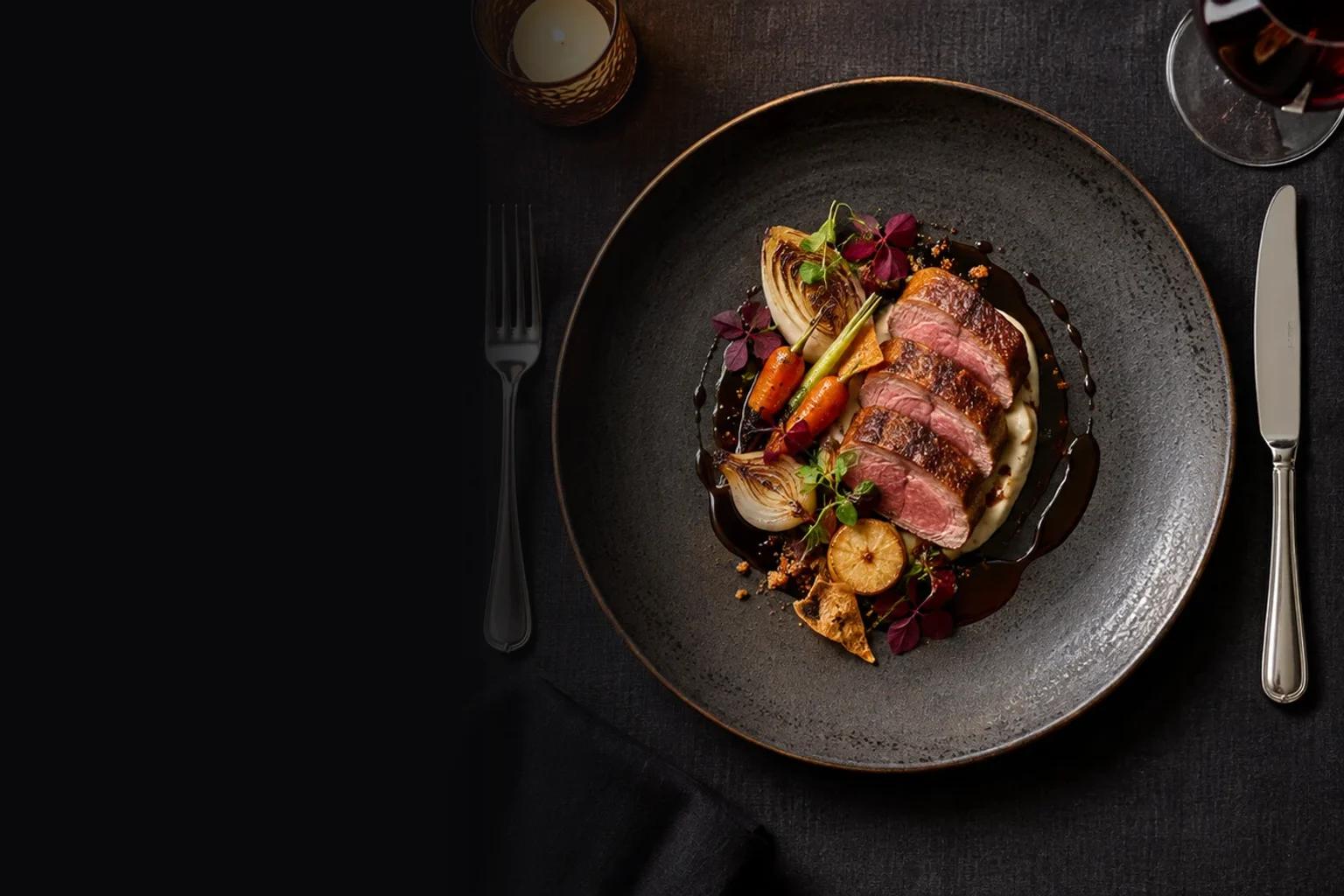 A plated course of sliced duck, glazed vegetables and jus on a dark stoneware plate.