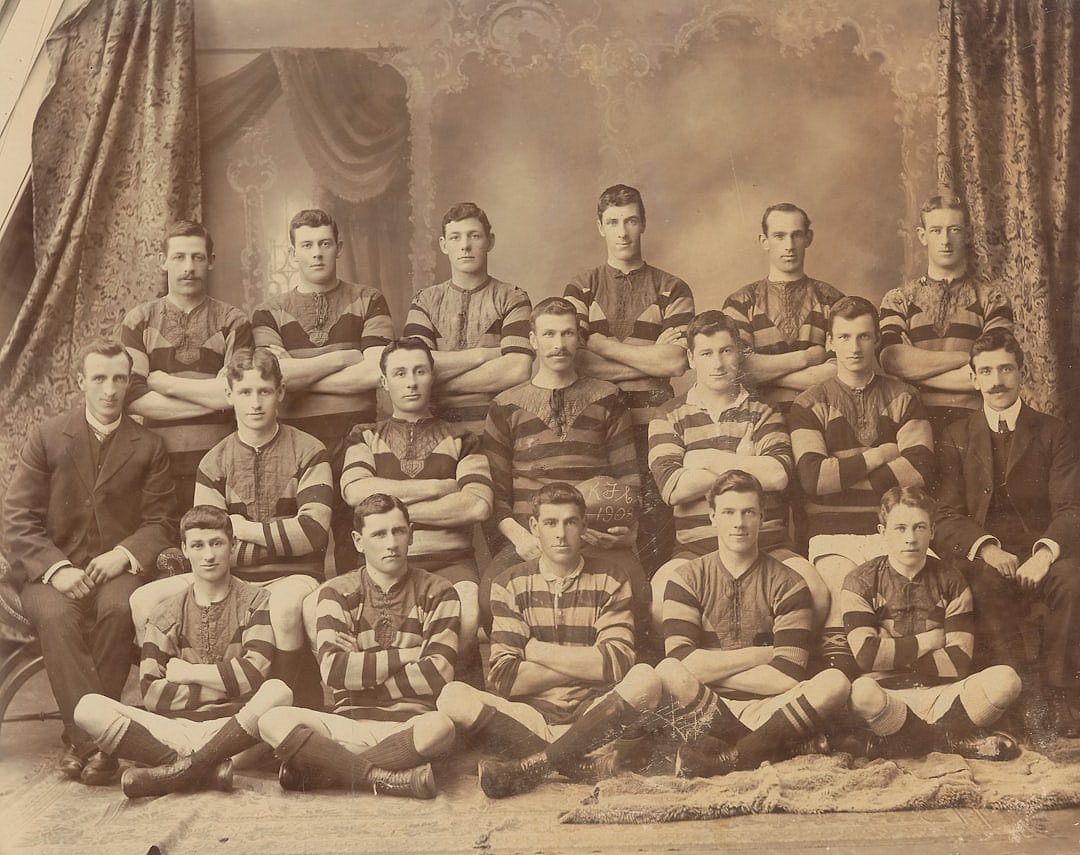 Vintage rugby team portrait from the early 1900s, evoking the origins of international rugby