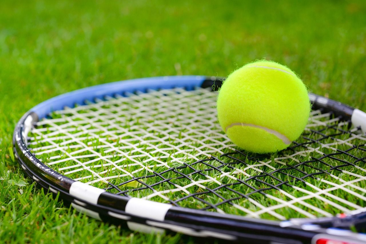Tennis ball and racket on green grass court