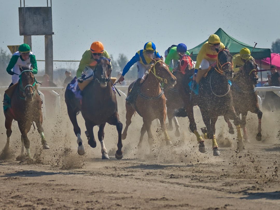 Jockeys racing thoroughbreds on a flat course