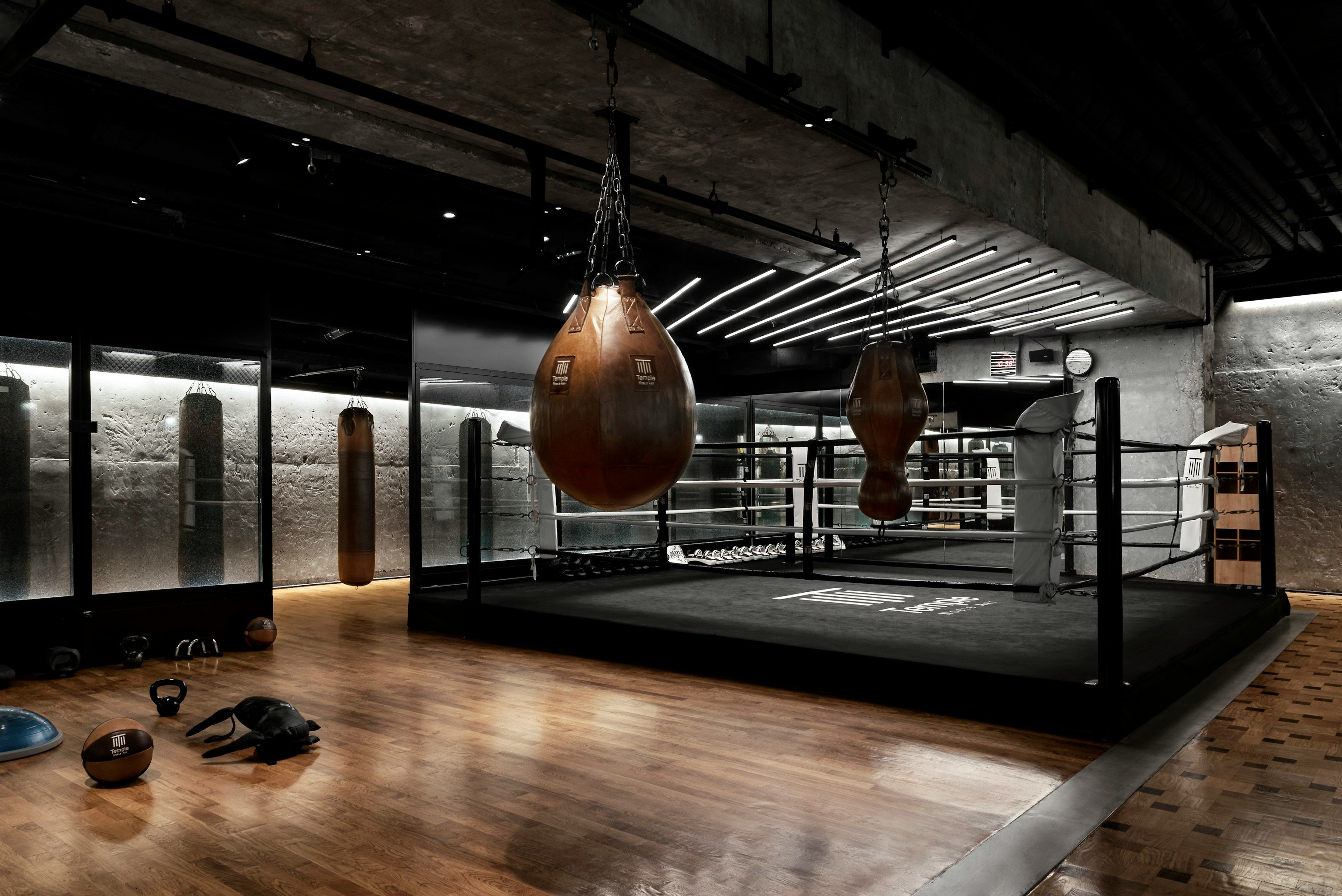 Boxing gloves hanging from the ceiling above the ring