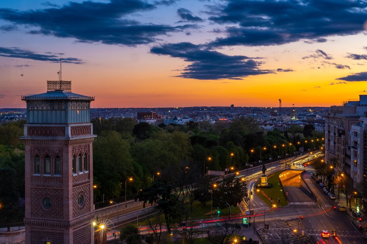 Madrid city skyline at sunset, the new home of the Spanish Grand Prix from 2026