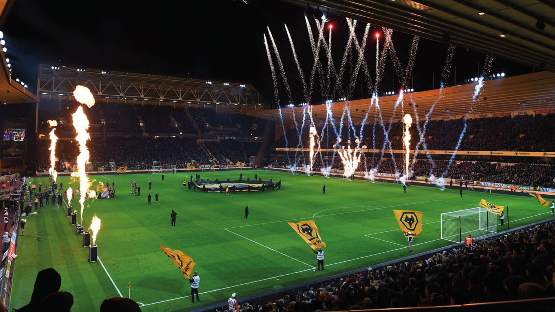Wolverhampton Wanderers players on the pitch at Molineux Stadium