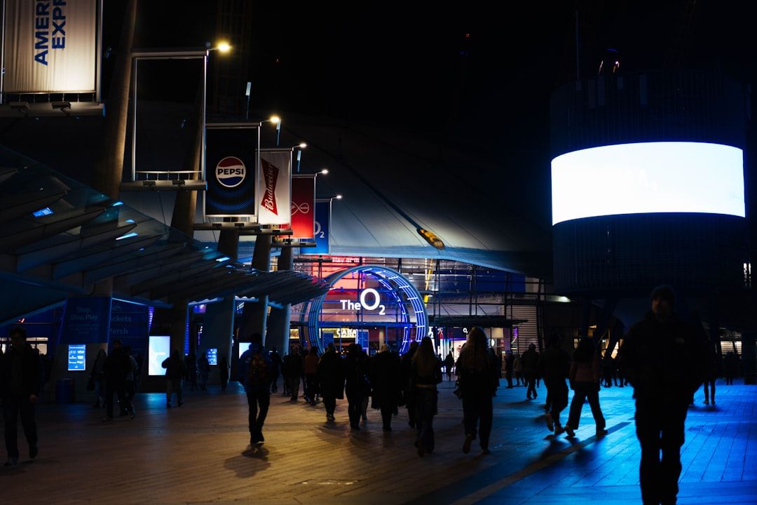 The O2 Arena in London illuminated at night
