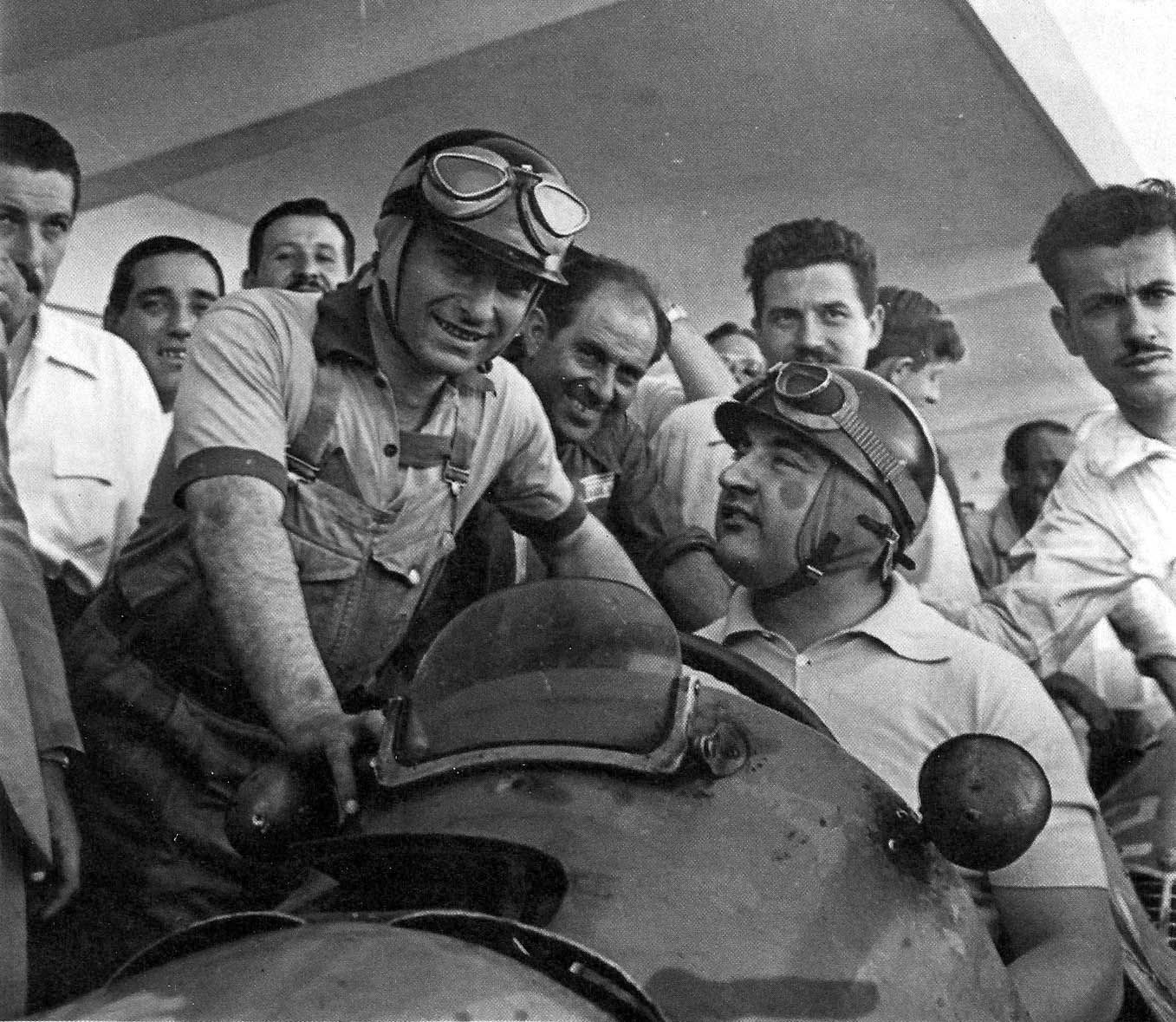 Juan Manuel Fangio (left) and José Froilán González during a test