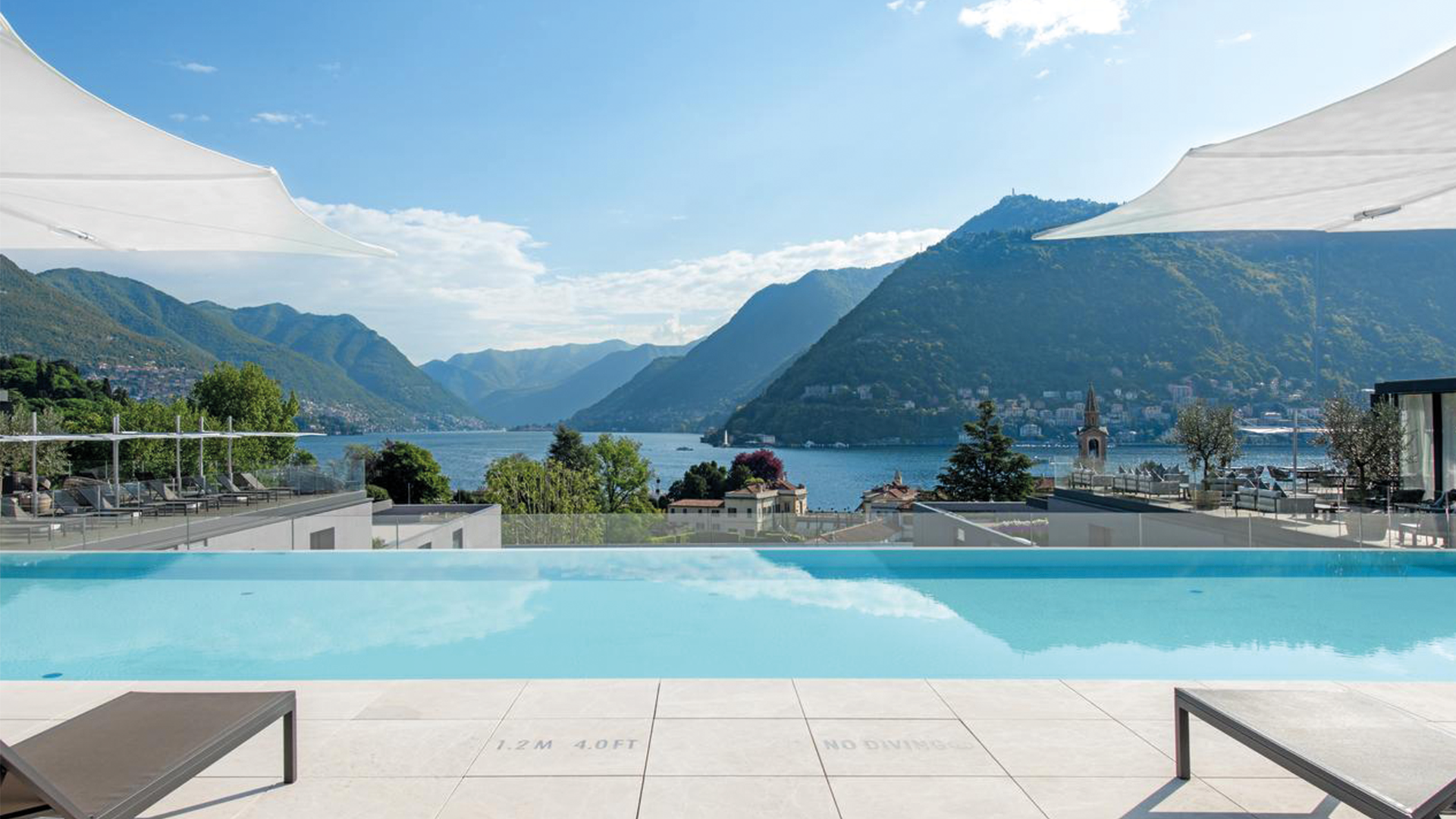 The rooftop infinity pool at Hilton Lake Como, with Lake Como beyond