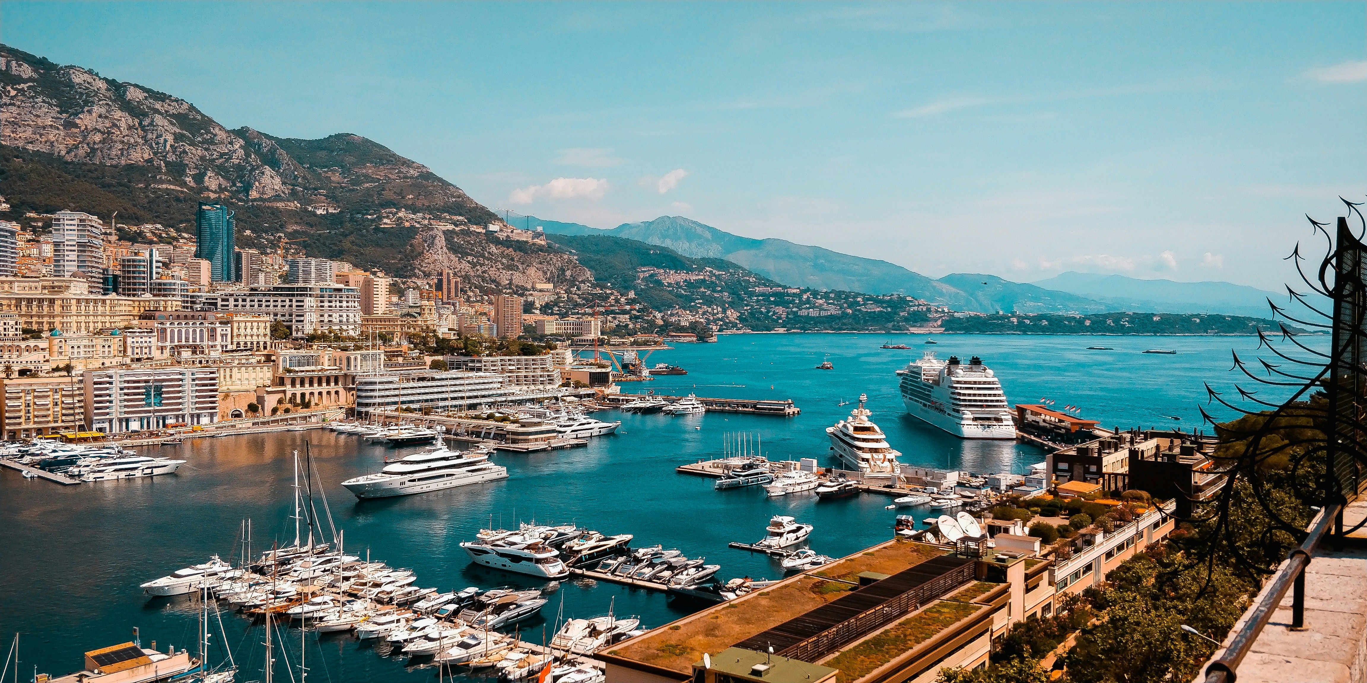 Port Hercule in Monaco, the harbour packed with superyachts below the town
