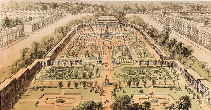 A lush English garden filled with flowers, evoking the early horticultural exhibitions