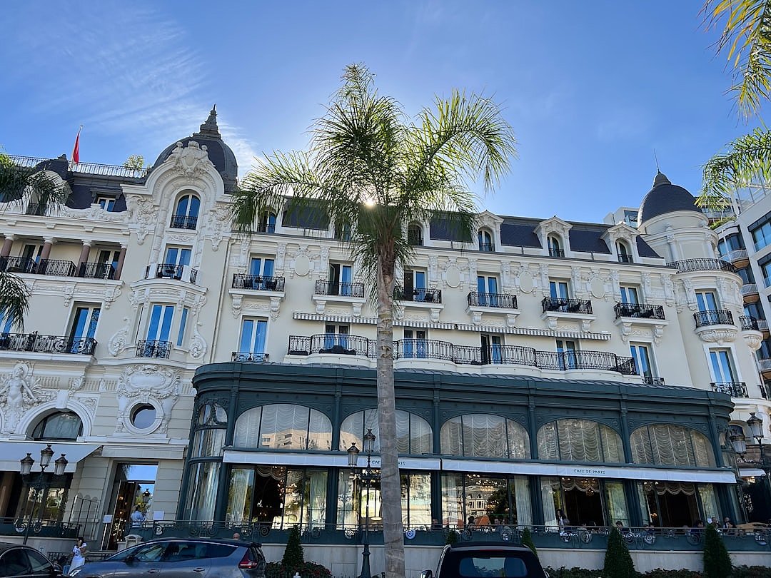 The grand facade of the Hôtel de Paris in Monte Carlo