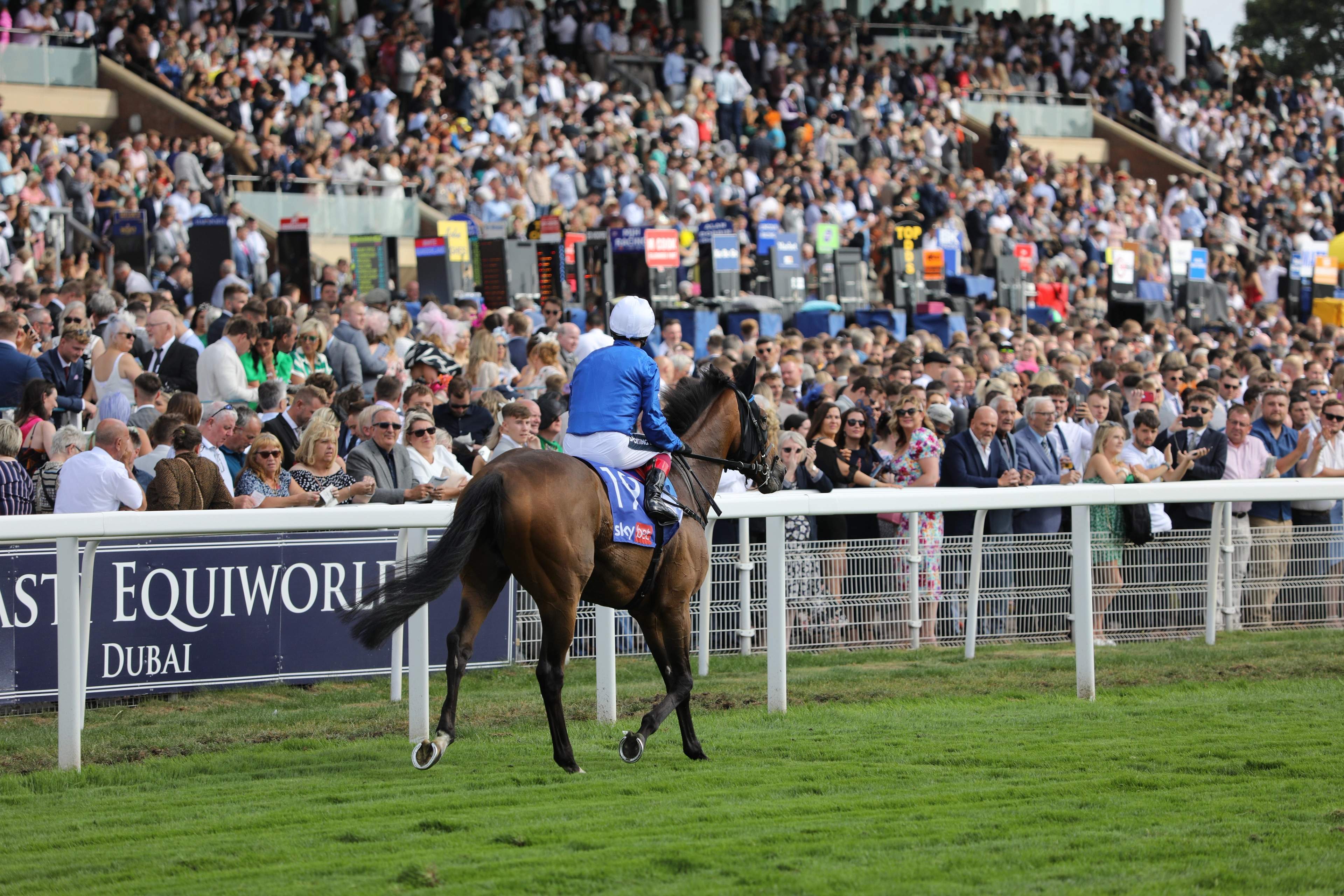 A jockey rides a racehorse back past the rail at York Racecourse with a packed crowd watching from behind the running rail