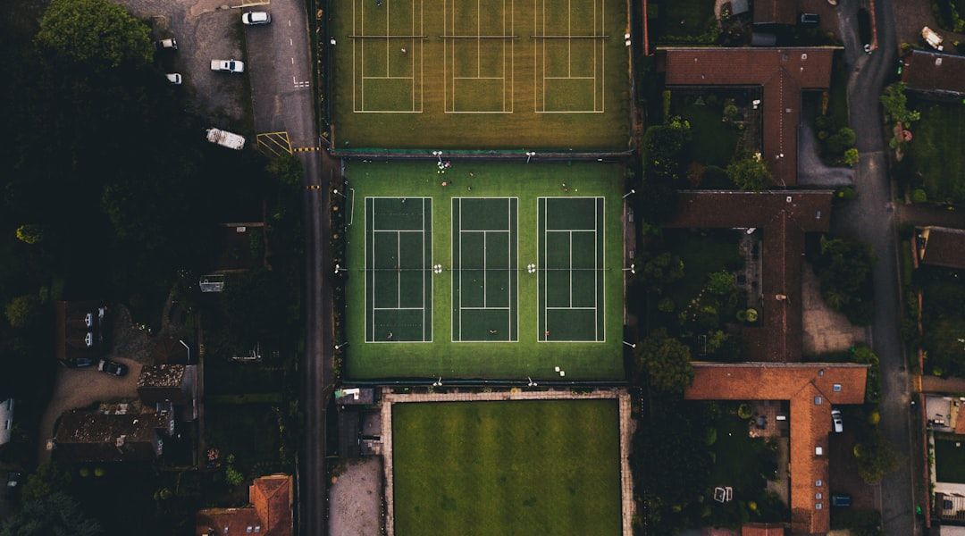 Aerial view of the Wimbledon grass courts and the All England Club grounds