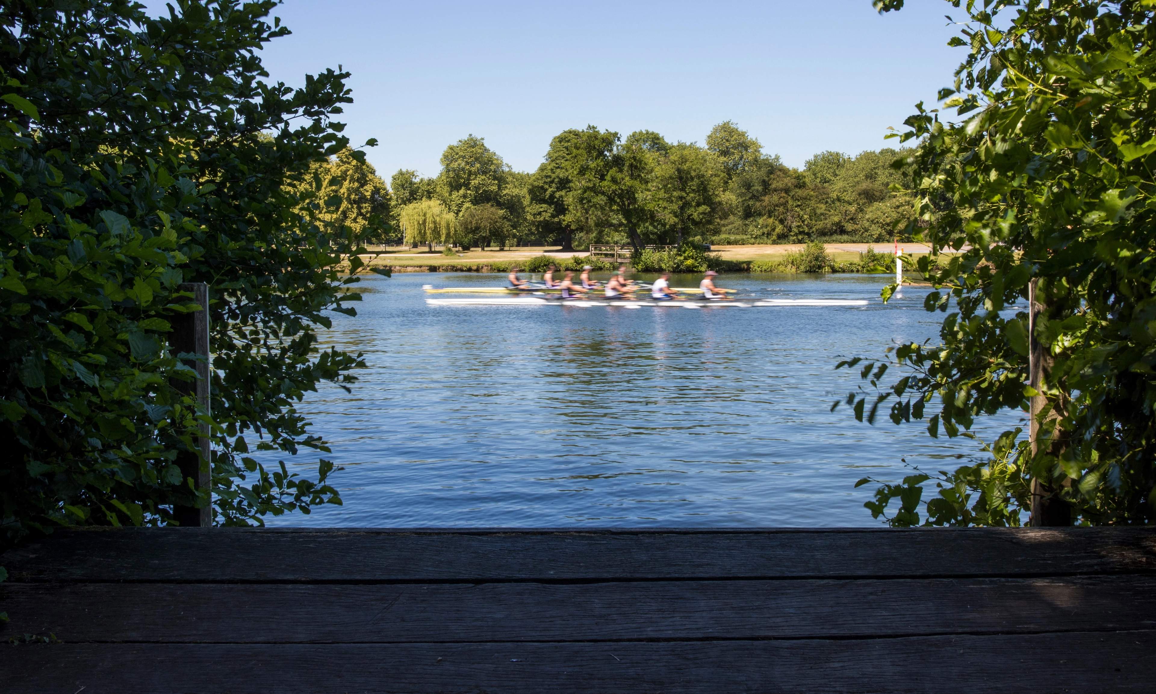 A rowing eight racing on the Thames at Henley Royal Regatta