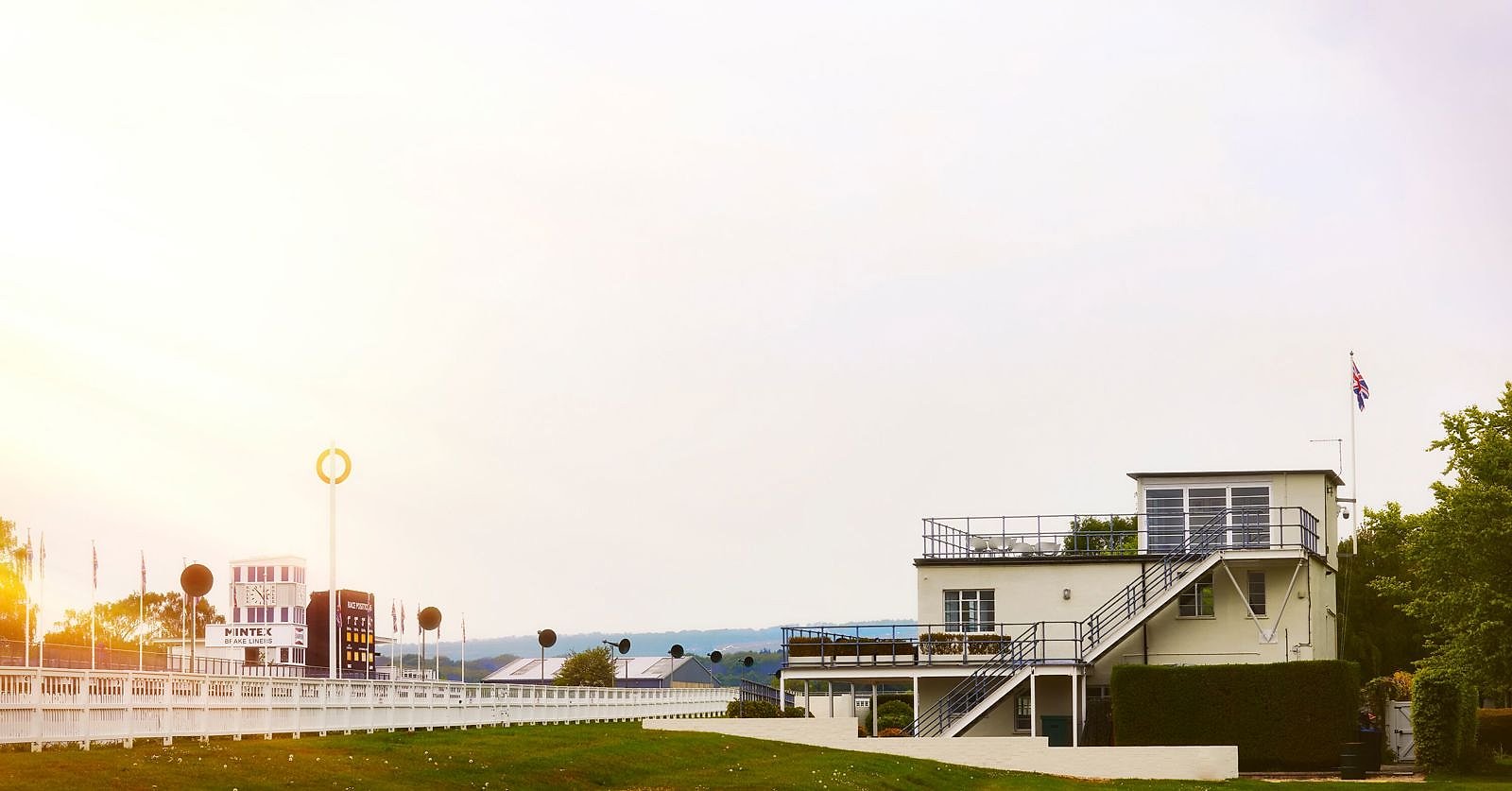 The Art Deco control tower above the empty Goodwood Motor Circuit