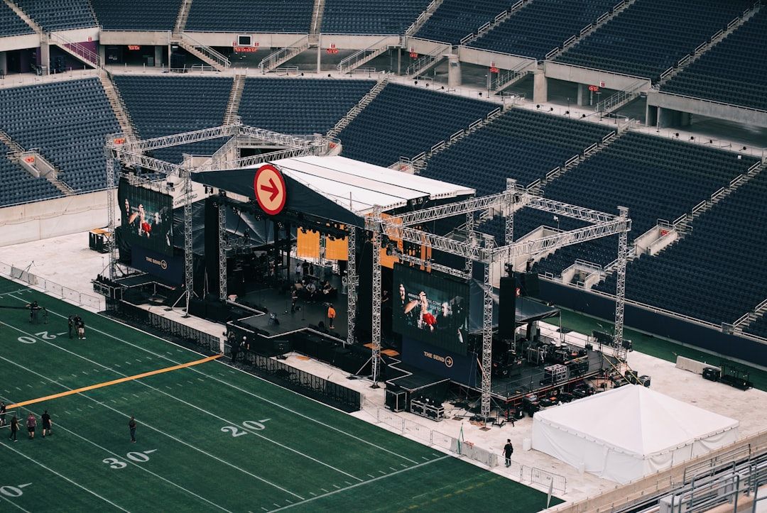 Stage set up on a football field for a Super Bowl halftime performance