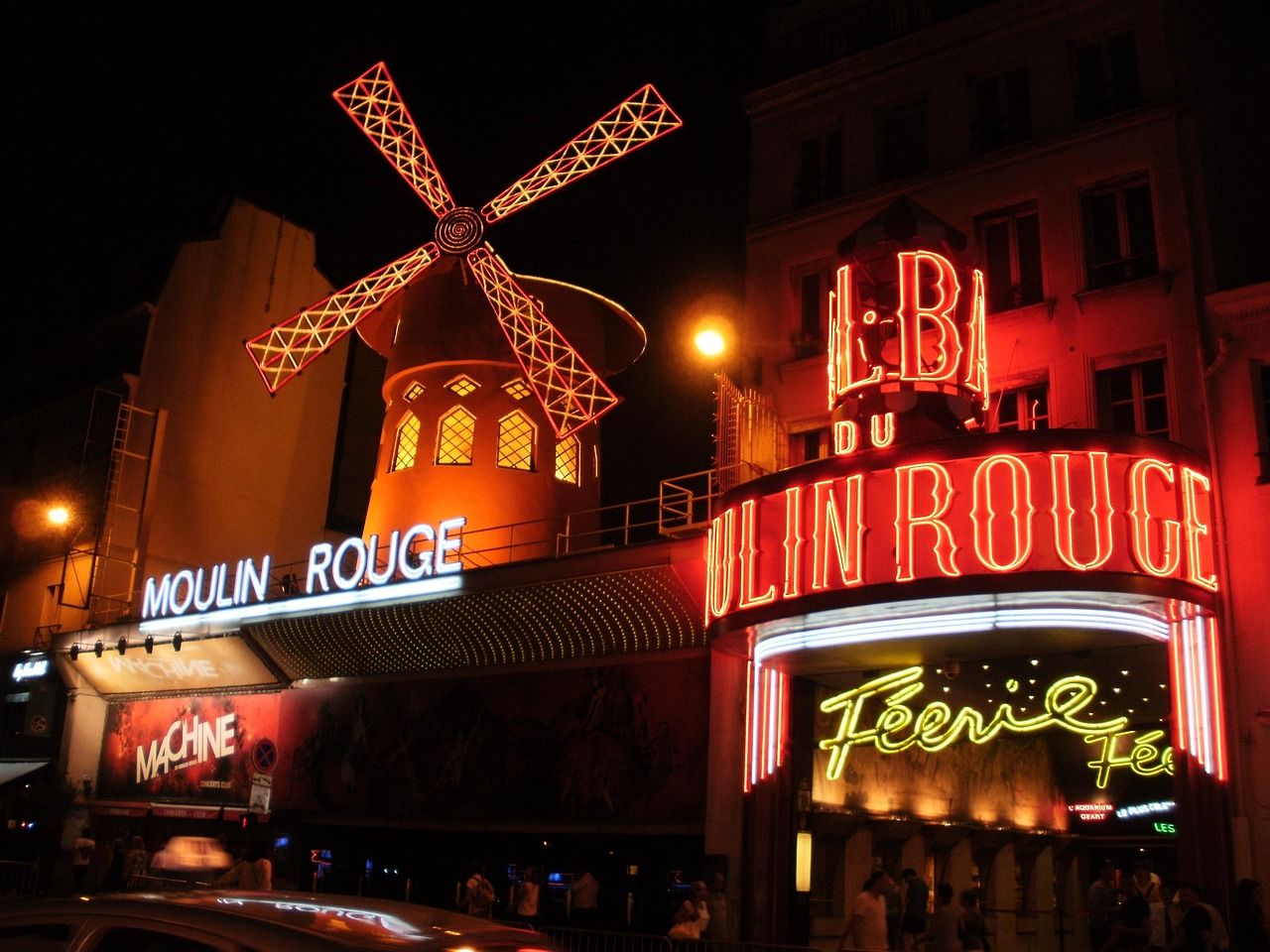 Close-up view of the Moulin Rouge red windmill in Paris
