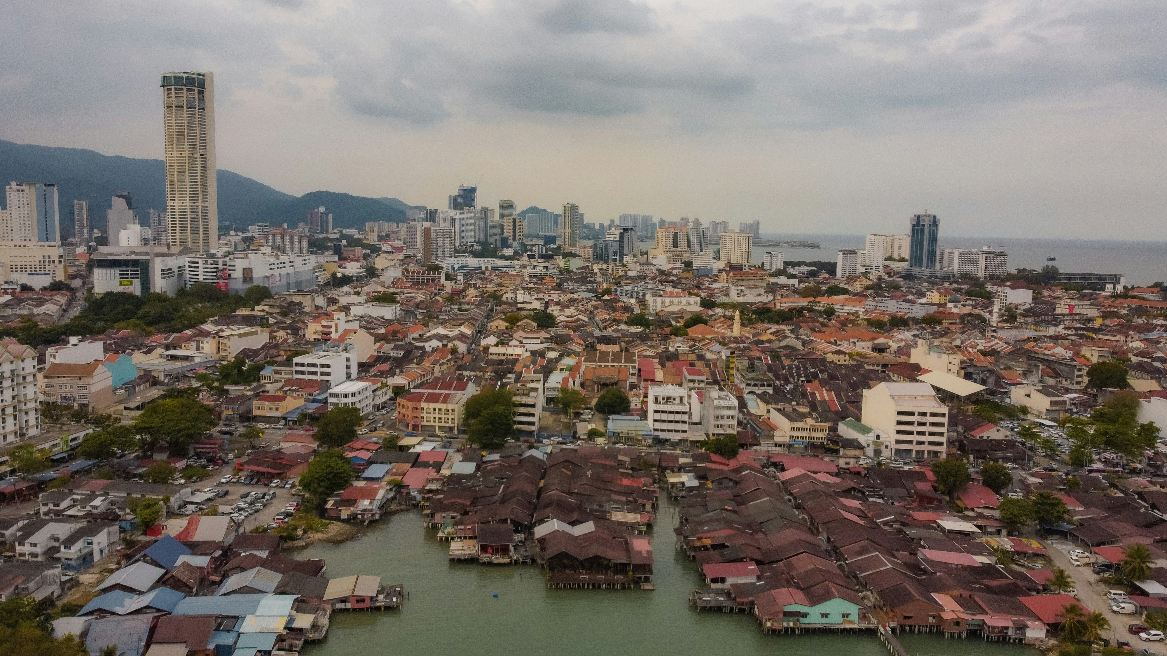 Aerial view of George Town and the Chew Jetty in Penang, Malaysia