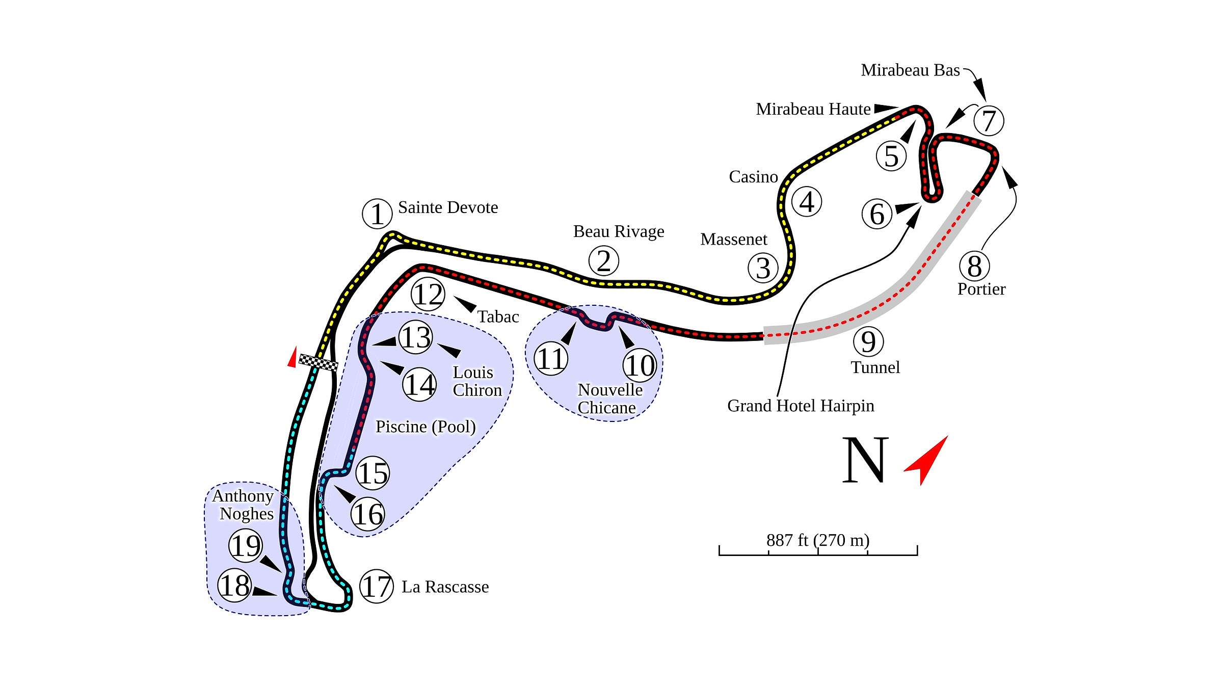 A map of the Circuit de Monaco with its corners numbered and named, from Sainte-Dévote to Antony Noghès