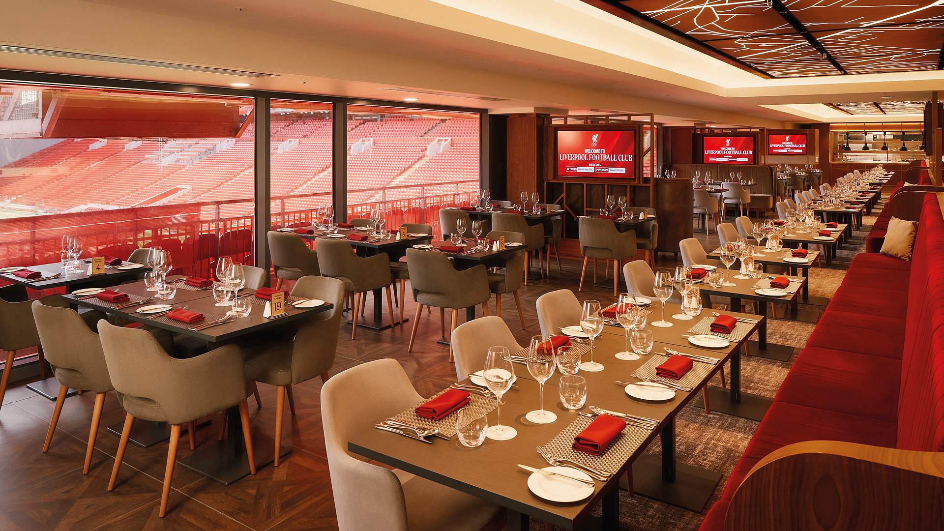 Founders Lounge, Anfield: Founders Lounge dining room with pitch views through full-height glazing