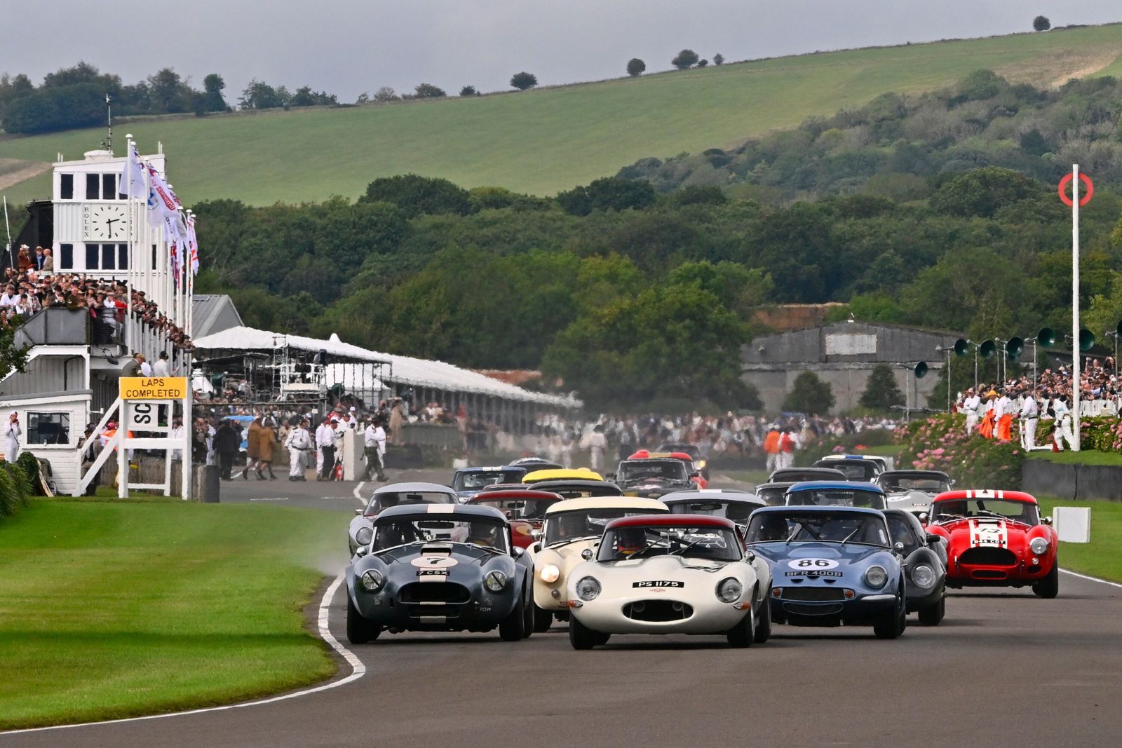 A packed grandstand watches the start of a race at the Goodwood Revival