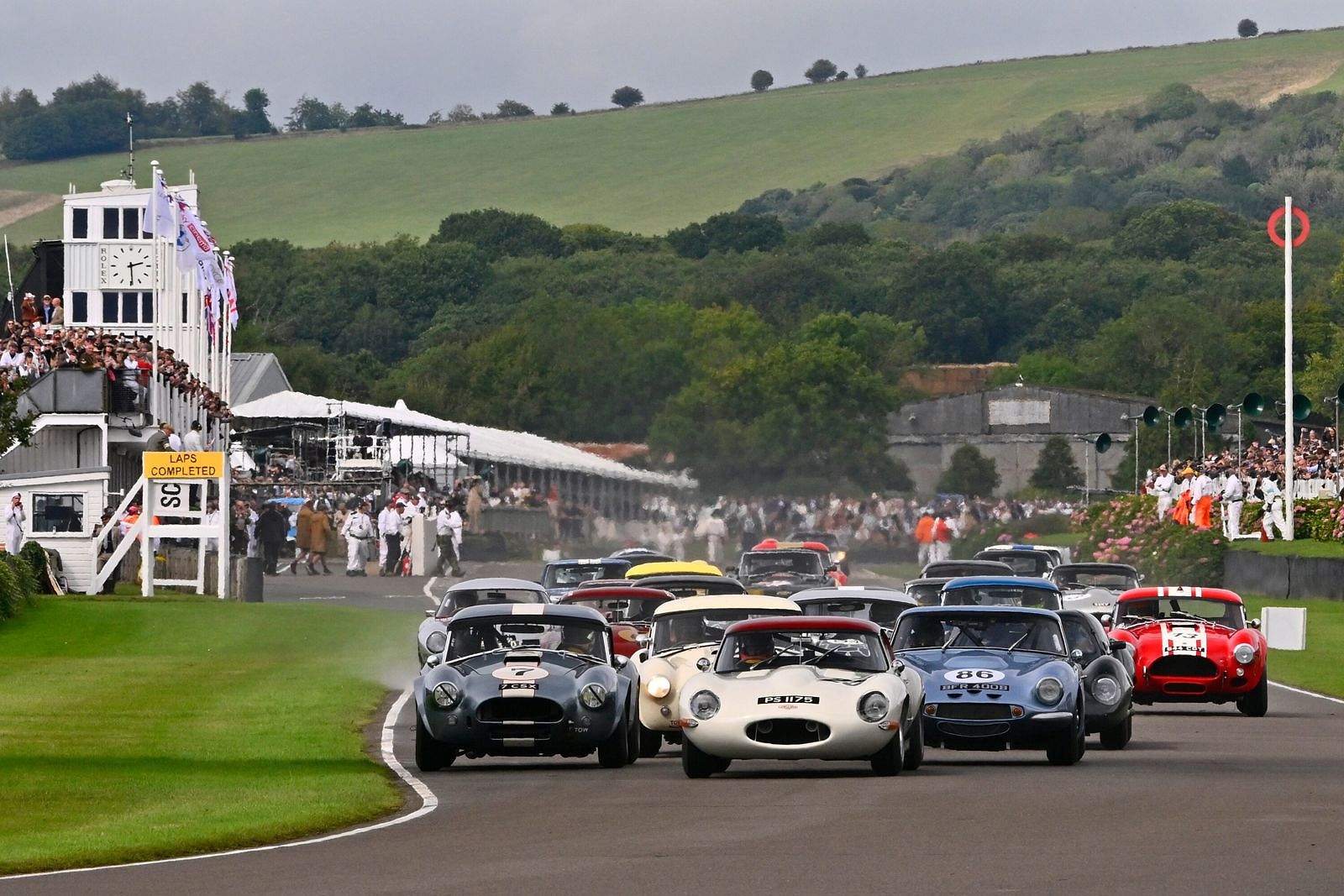 A packed grandstand watches the start of a race at the Goodwood Revival