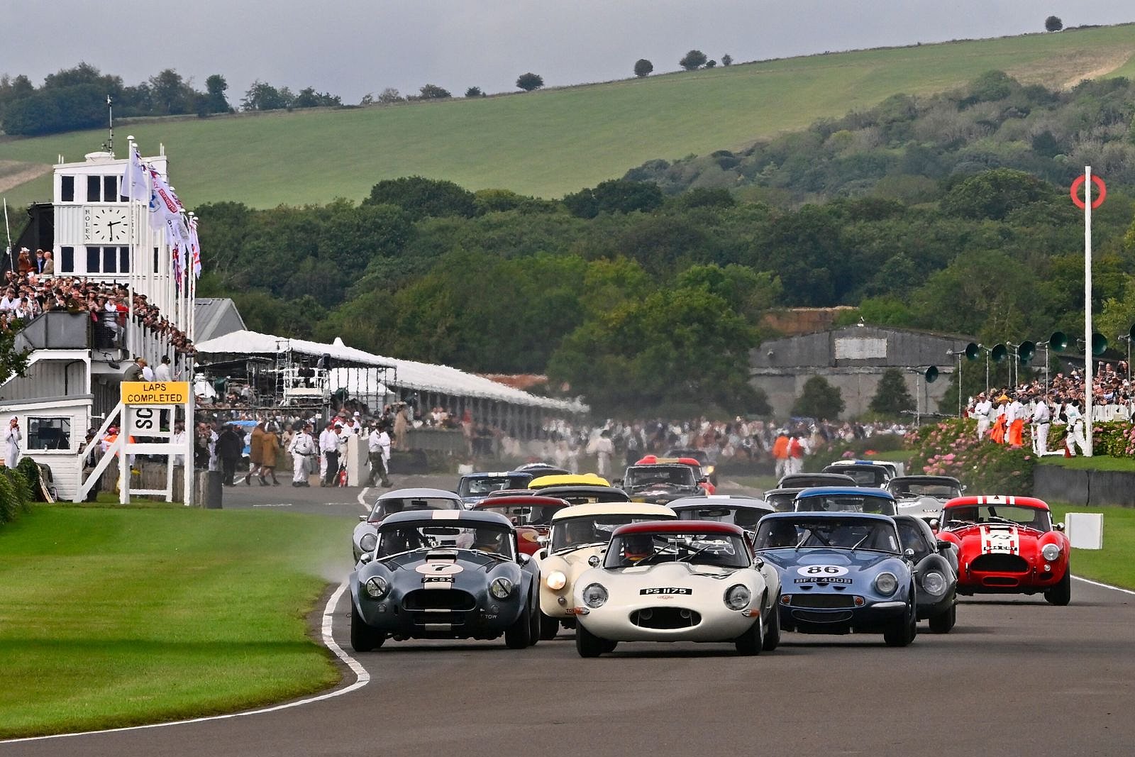A packed grandstand watches the start of a race at the Goodwood Revival