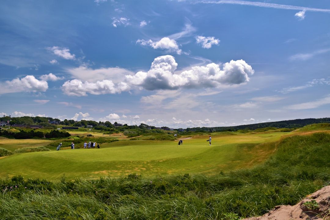 Golfers on a green links course under a cloudy sky