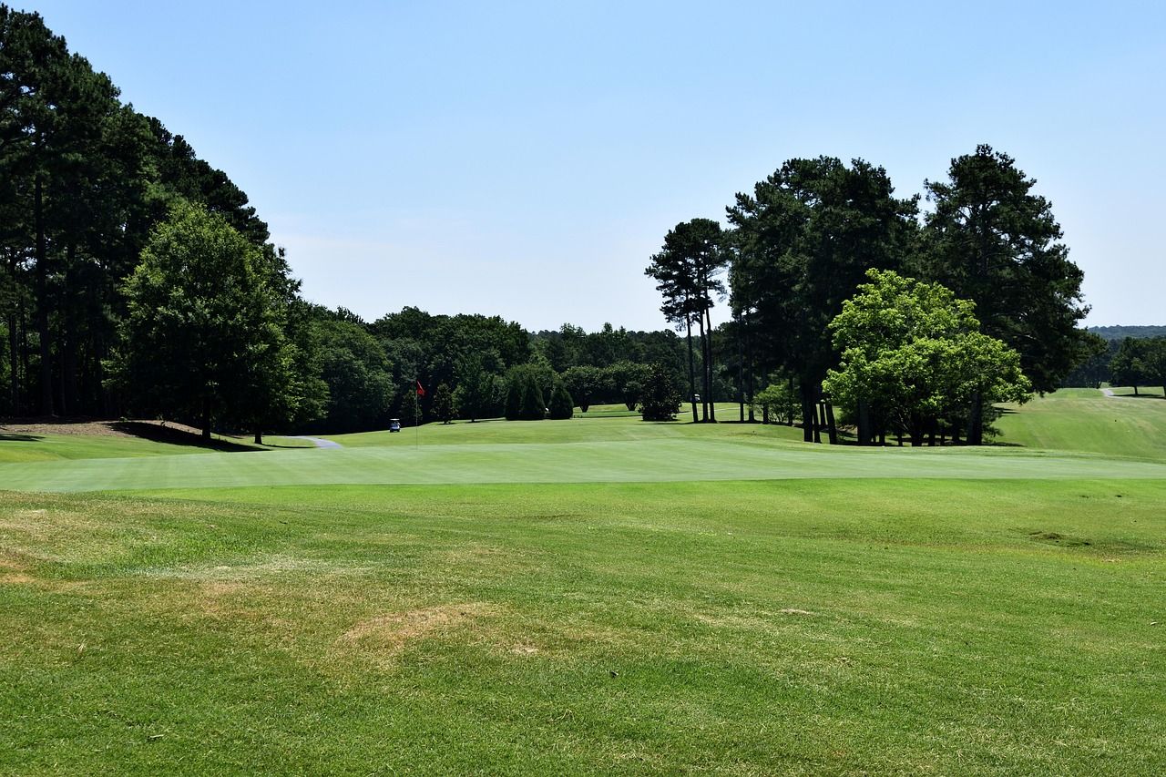 Panoramic view of a golf course with sand bunkers and rolling fairways