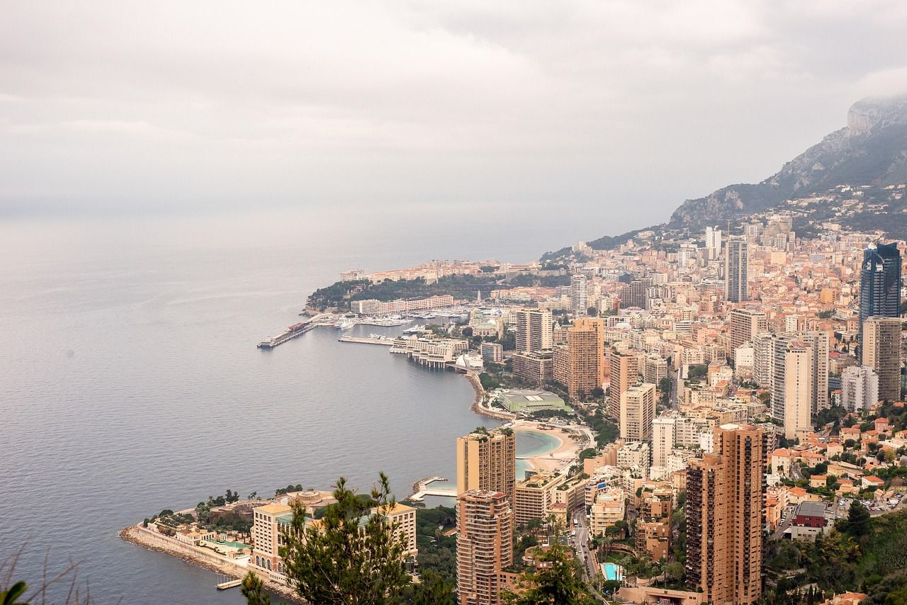 Aerial panoramic view of Monaco and the Mediterranean coast