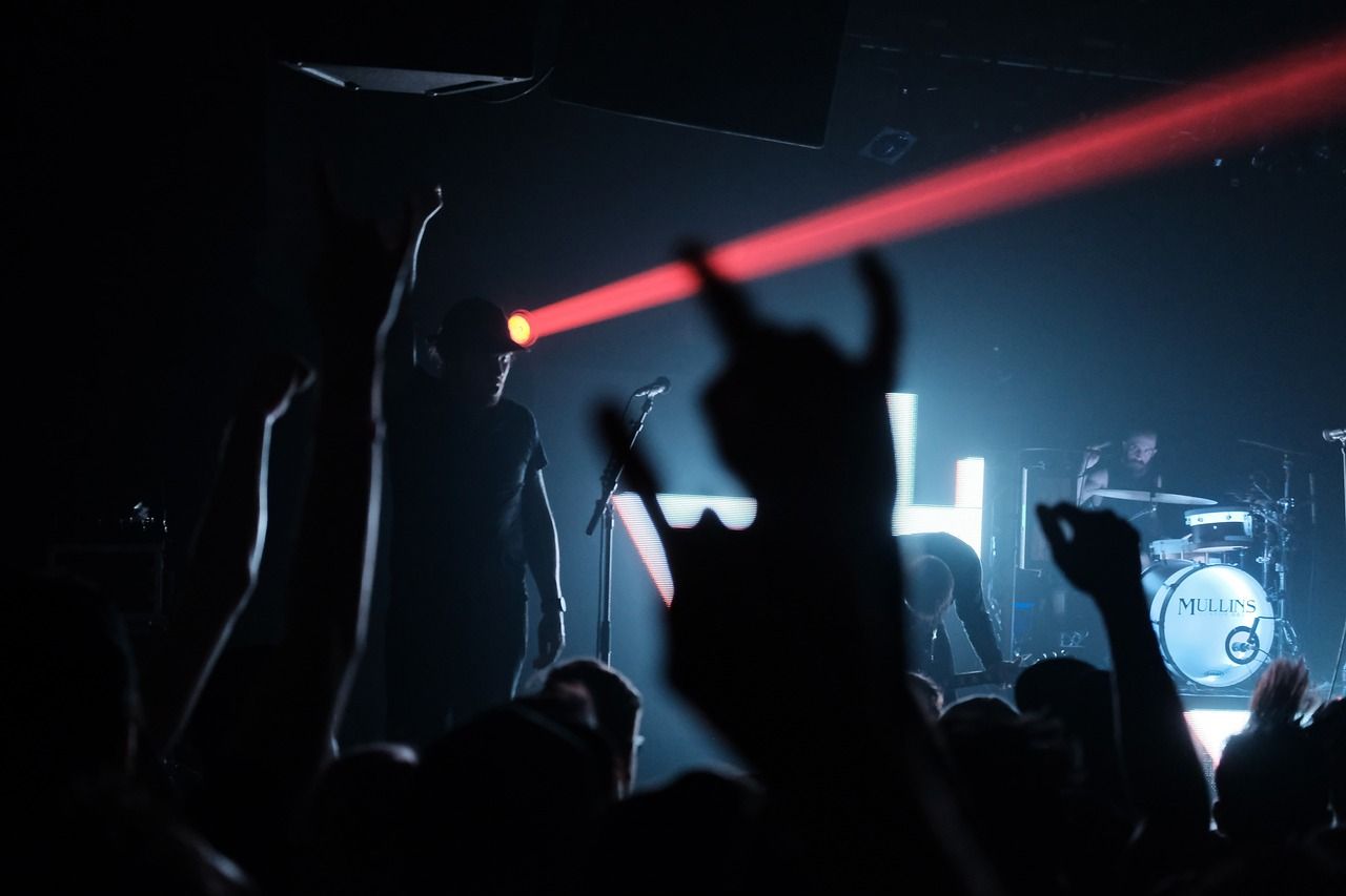 Live concert performance in a packed arena at night