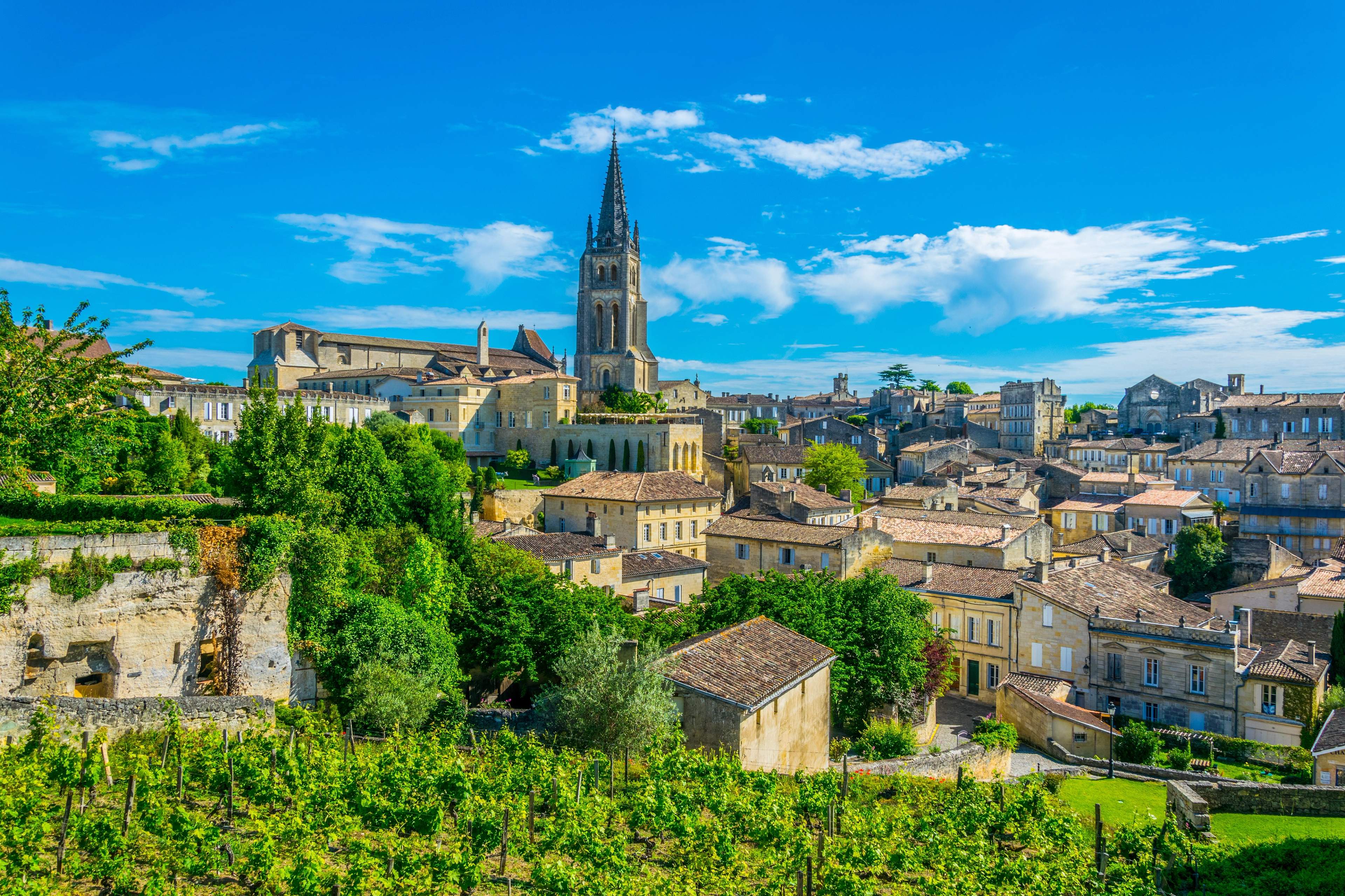 Saint-Émilion's church spire above the village rooftops and vineyards