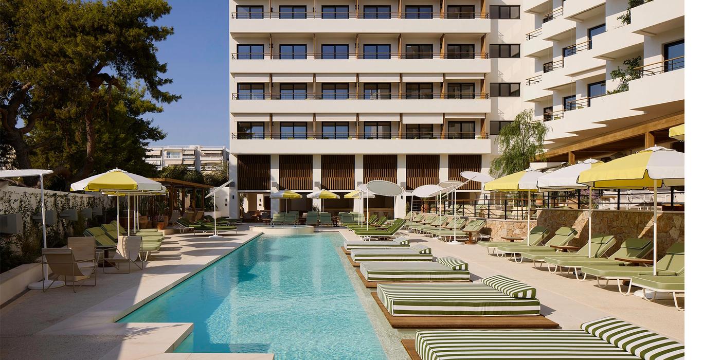 The pool terrace at Ace Hotel & Swim Club in Glyfada — a contemporary Athens Riviera hotel with outdoor pool and sea views