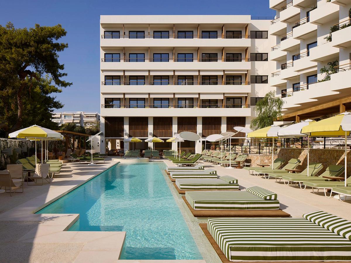 The pool terrace at Ace Hotel & Swim Club in Glyfada — a contemporary Athens Riviera hotel with outdoor pool and sea views